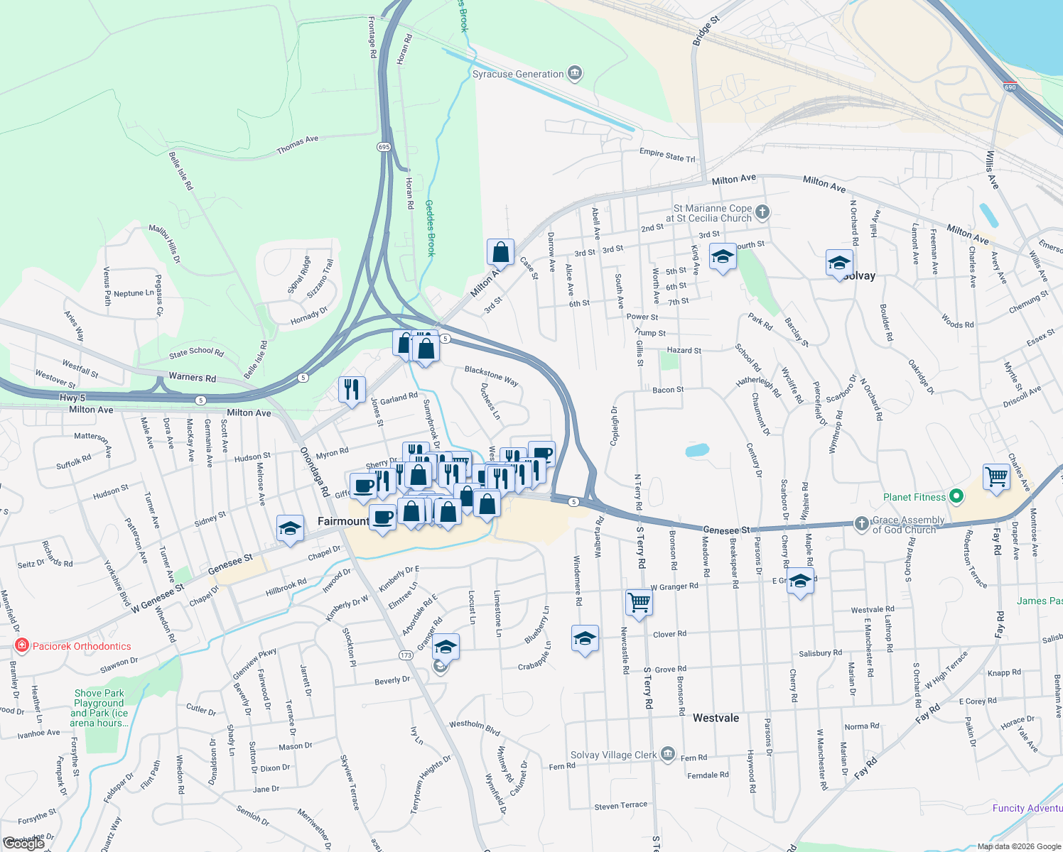 map of restaurants, bars, coffee shops, grocery stores, and more near 112 Watchtower Ln in Syracuse