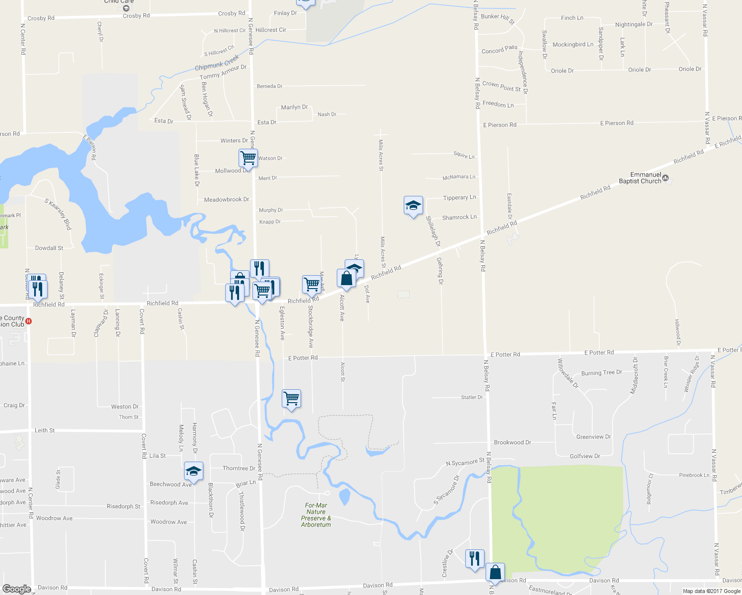 map of restaurants, bars, coffee shops, grocery stores, and more near 3136 Dot Avenue in Flint
