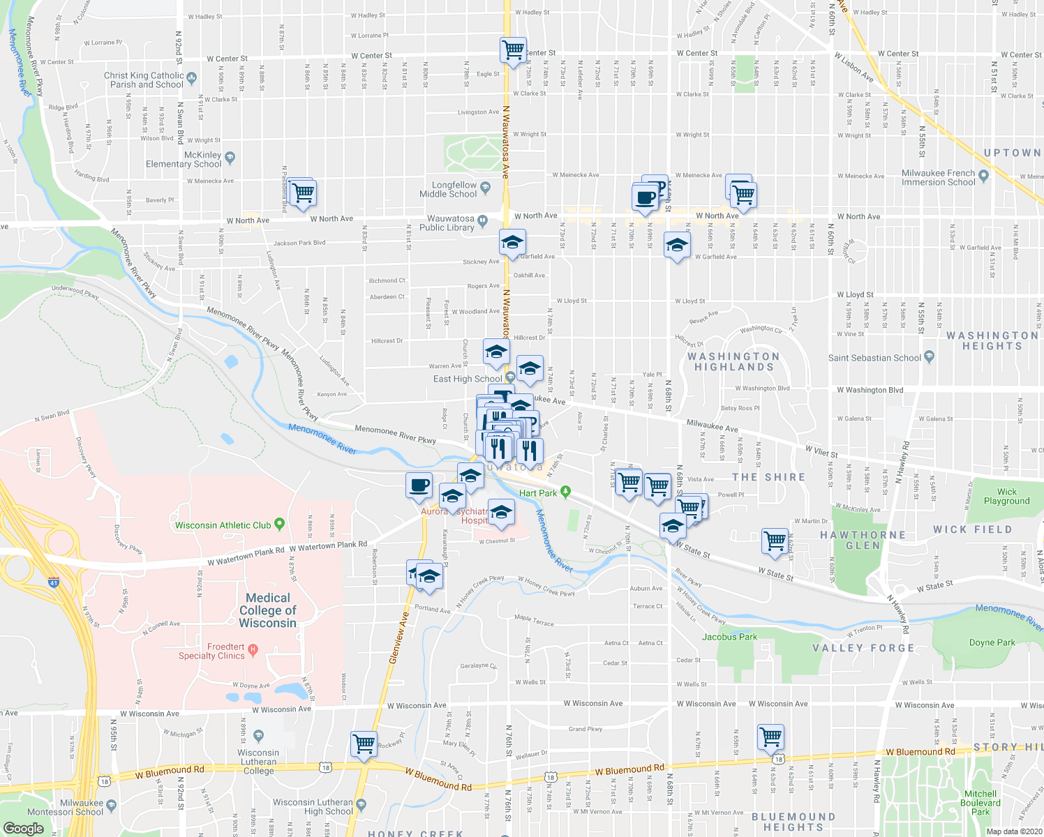 map of restaurants, bars, coffee shops, grocery stores, and more near 7517 Lincoln Place in Wauwatosa