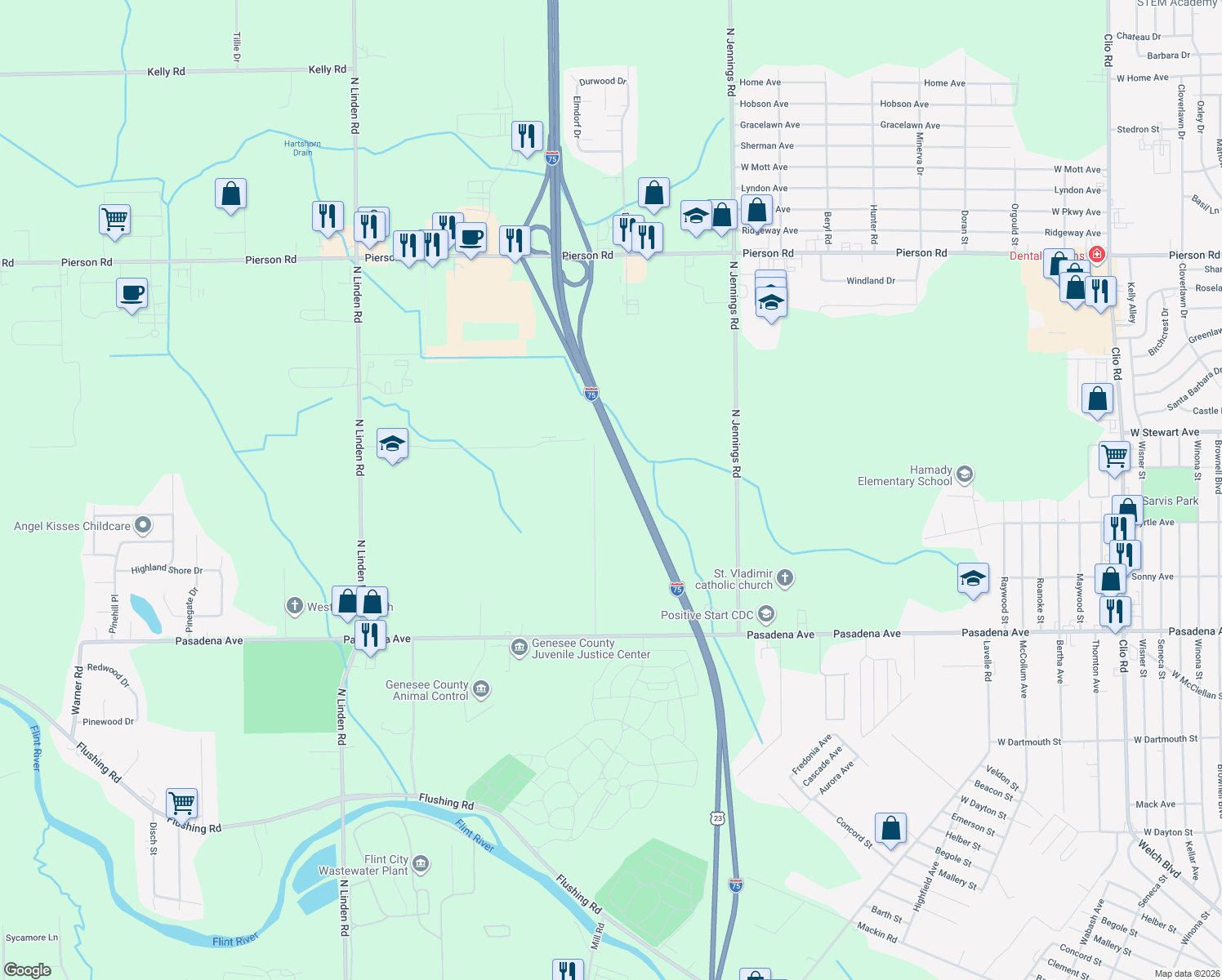 map of restaurants, bars, coffee shops, grocery stores, and more near 3192 O'Leary Road in Flint