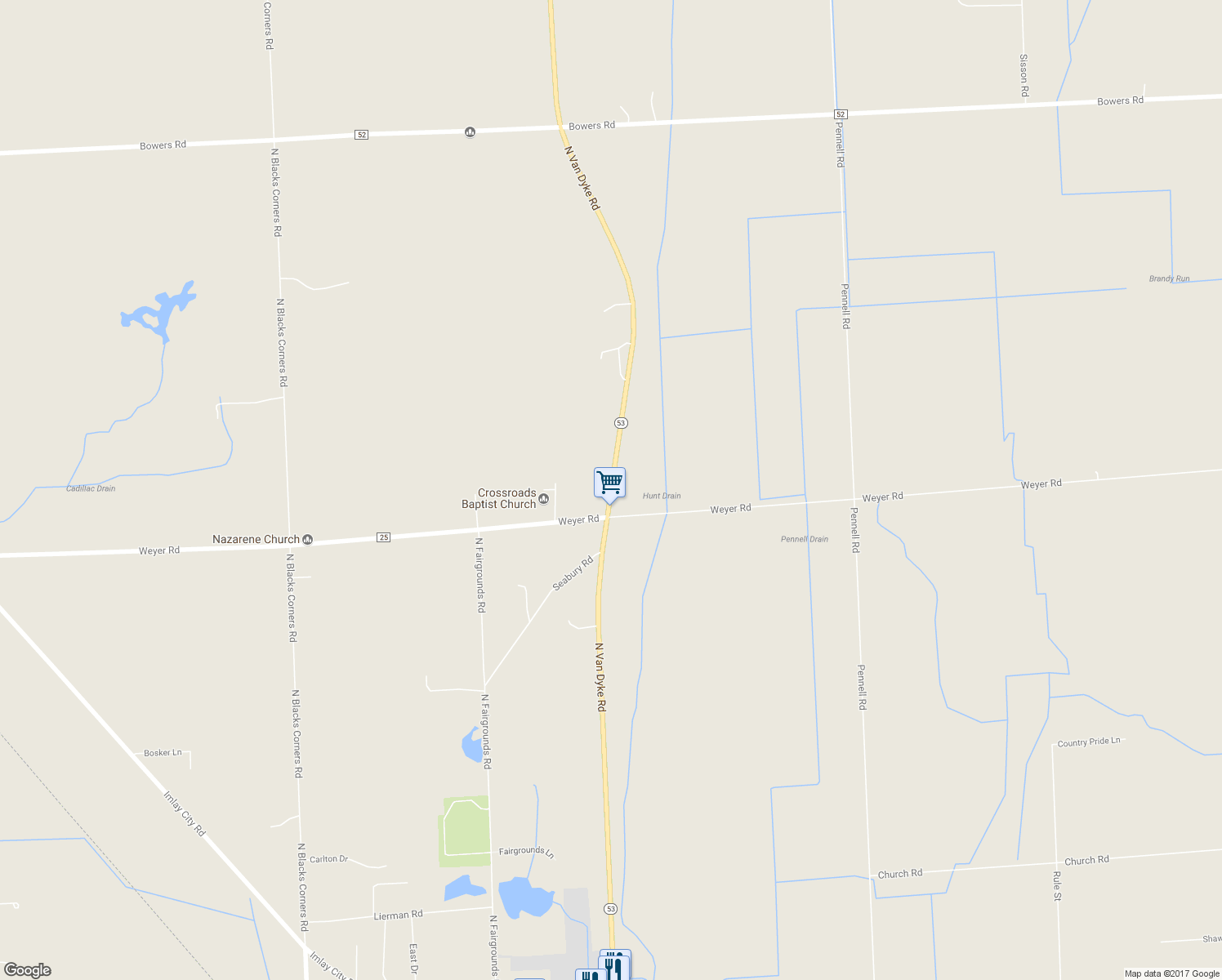 map of restaurants, bars, coffee shops, grocery stores, and more near 815 North Van Dyke Road in Imlay City