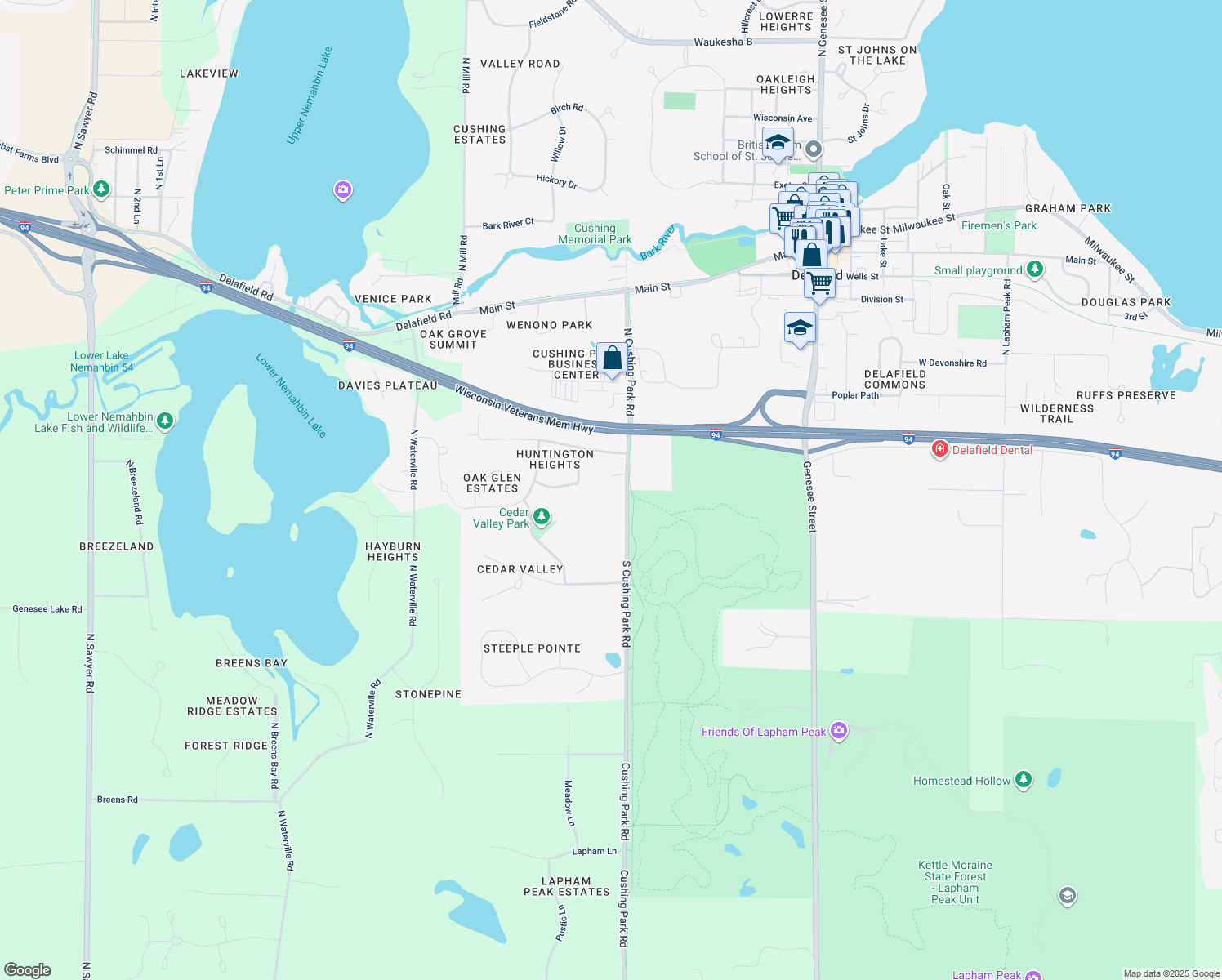 map of restaurants, bars, coffee shops, grocery stores, and more near 213 S Cushing Park Rd in Delafield