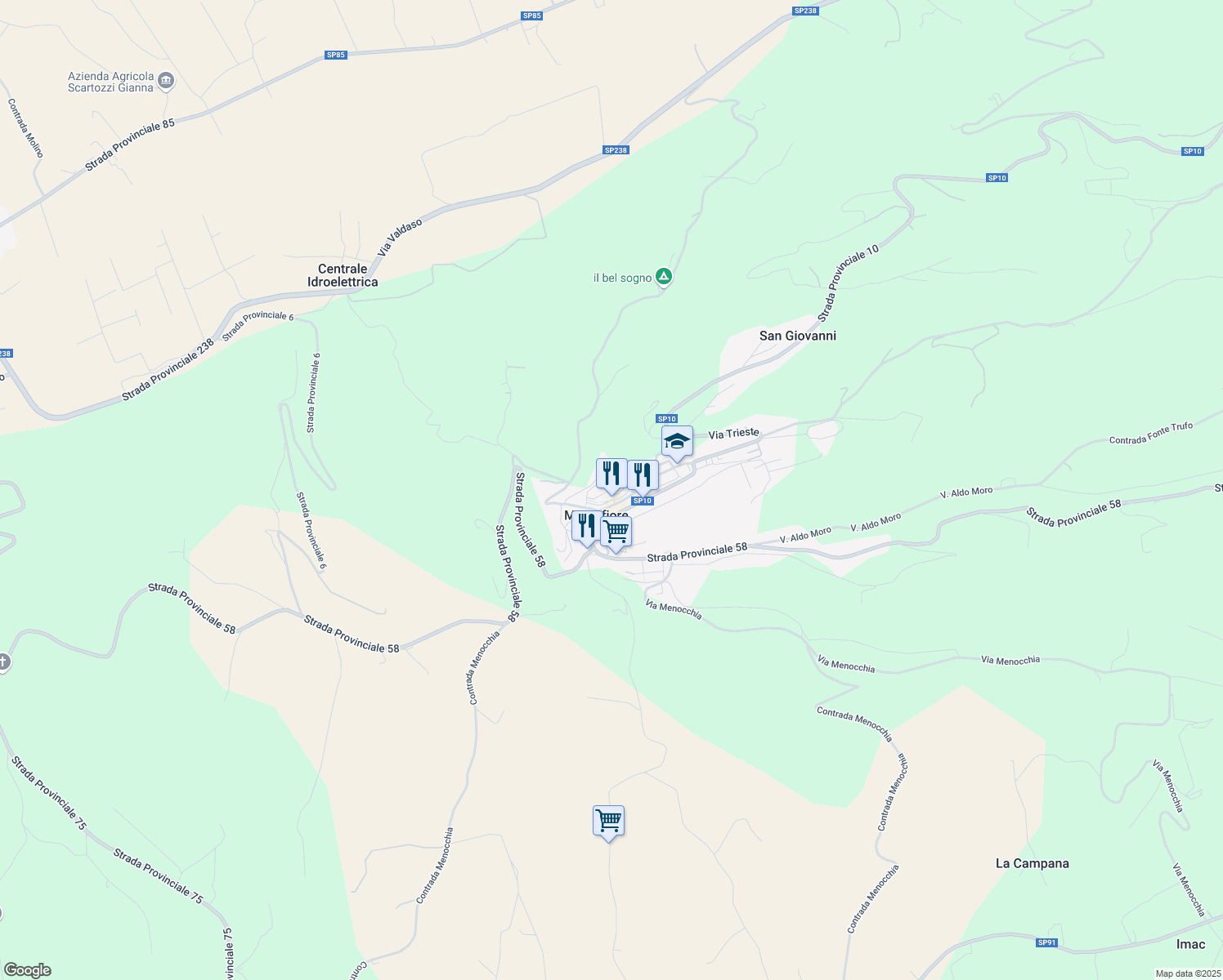 map of restaurants, bars, coffee shops, grocery stores, and more near 1 Borgo Bruno Giordano in Montefiore dell'Aso