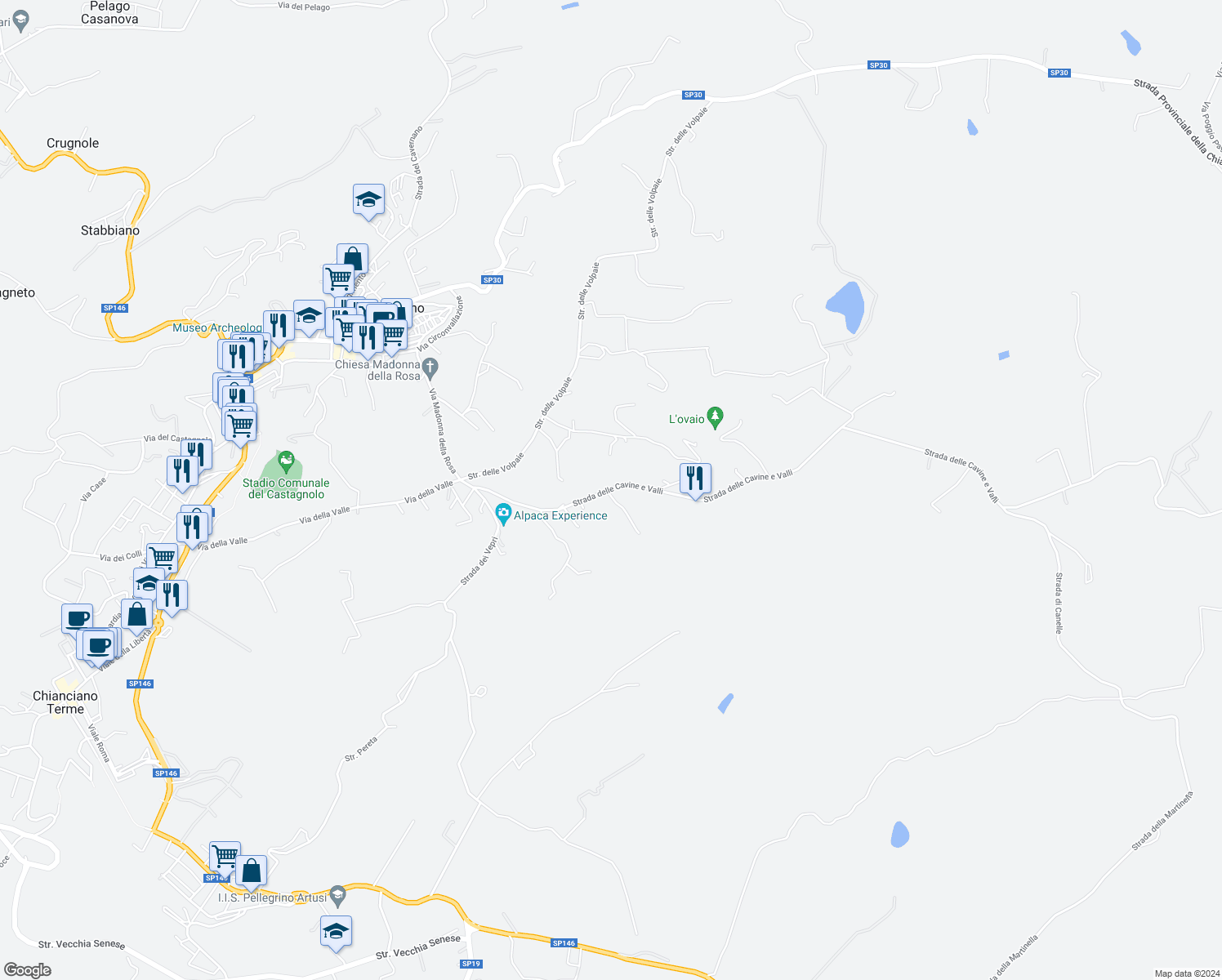 map of restaurants, bars, coffee shops, grocery stores, and more near 18 Strada delle Cavine e Valli in Provincia di Siena