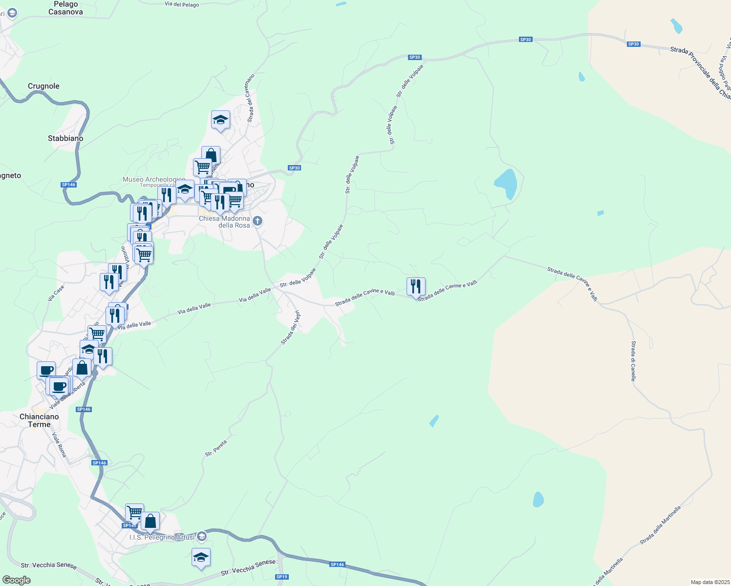 map of restaurants, bars, coffee shops, grocery stores, and more near 18 Via Cavine e Valli in Siena