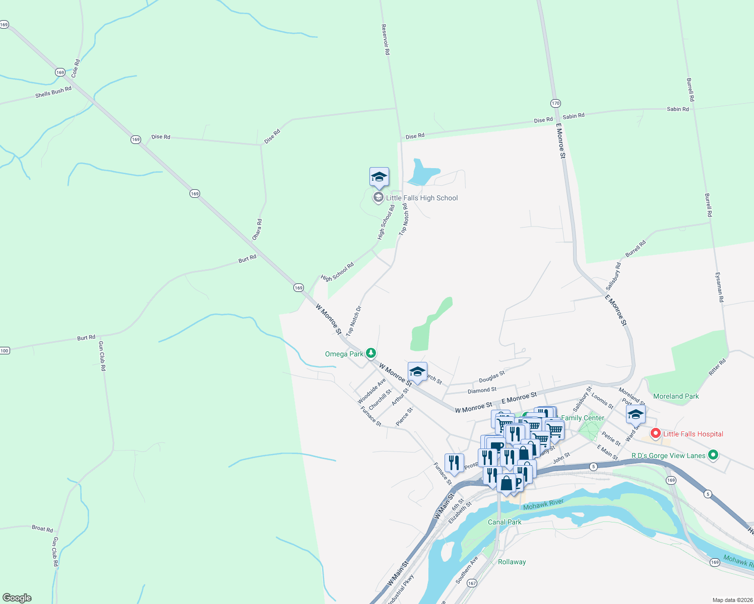 map of restaurants, bars, coffee shops, grocery stores, and more near 38 Top Notch Dr in Little Falls