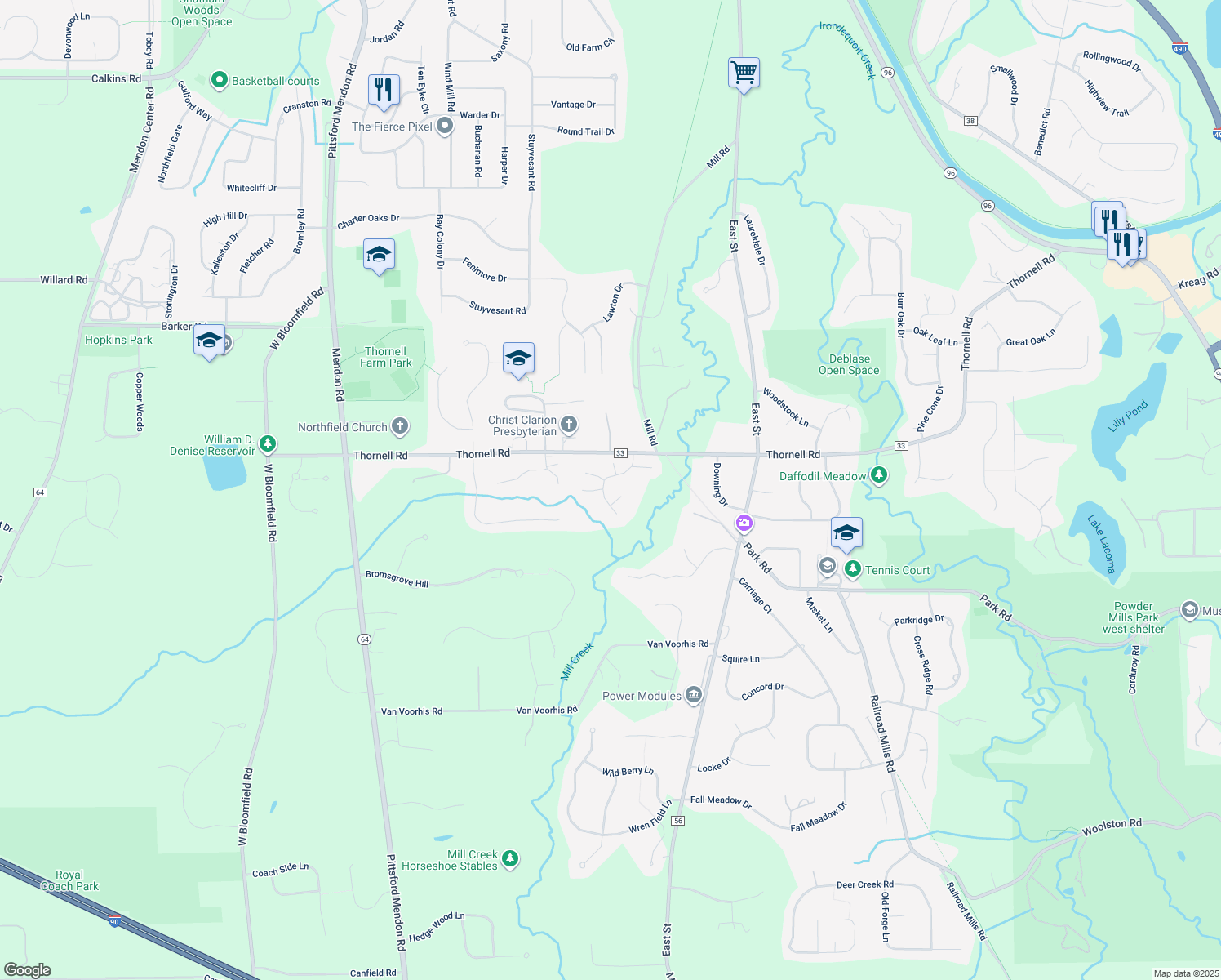 map of restaurants, bars, coffee shops, grocery stores, and more near 23 Le Pere Dr in Pittsford