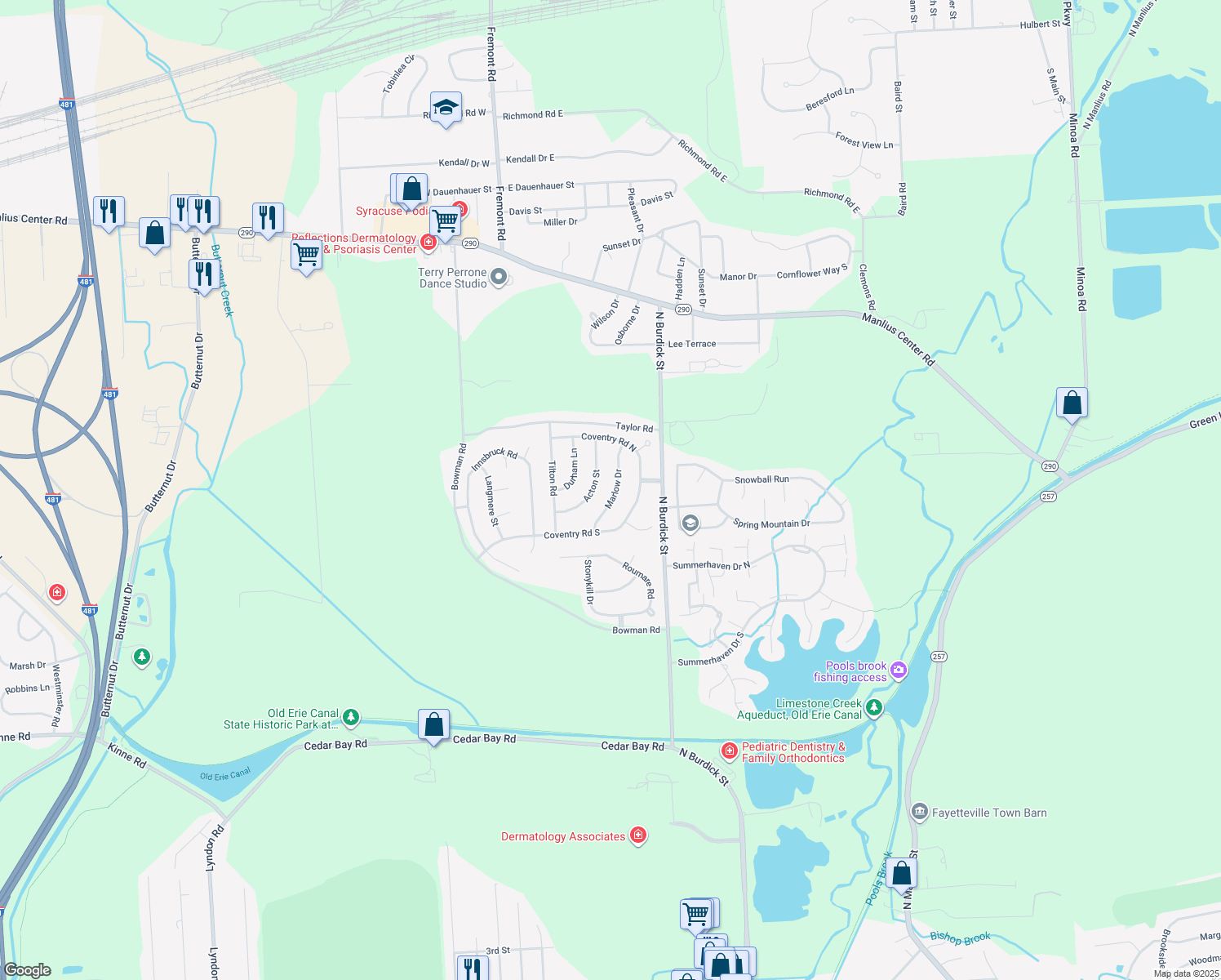 map of restaurants, bars, coffee shops, grocery stores, and more near 5833 Marlow Drive in East Syracuse