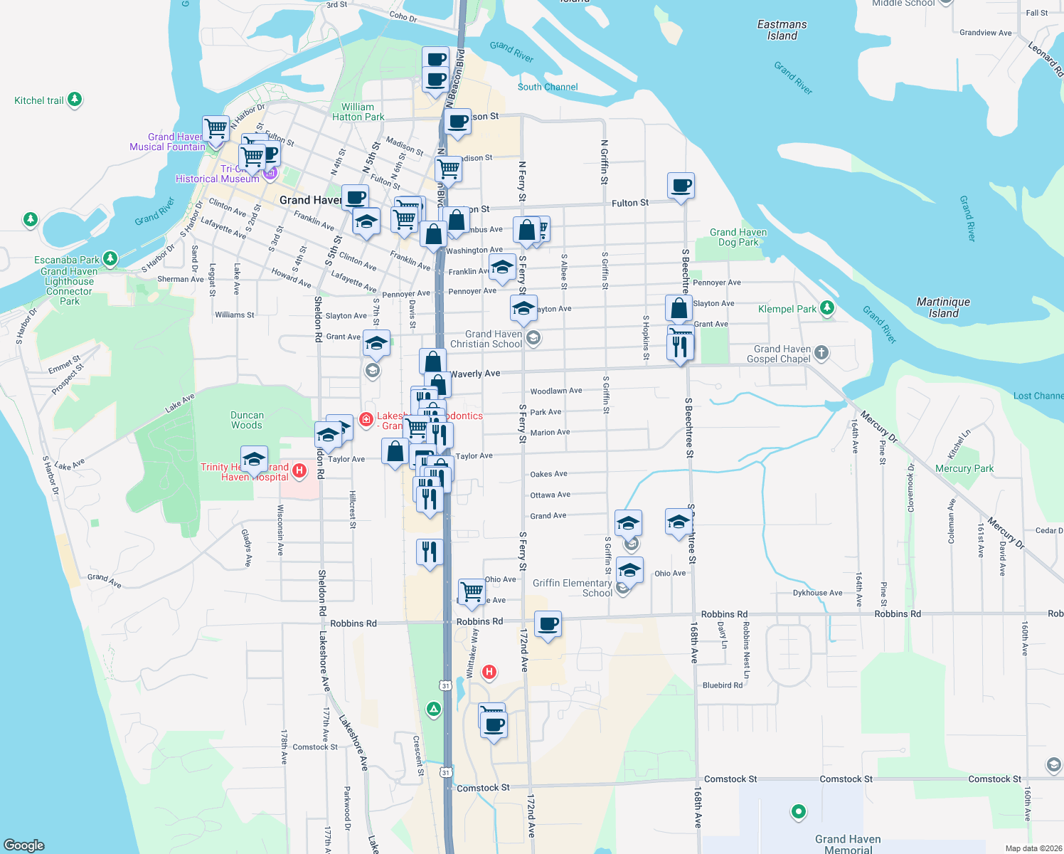 map of restaurants, bars, coffee shops, grocery stores, and more near 820 S Ferry St in Grand Haven