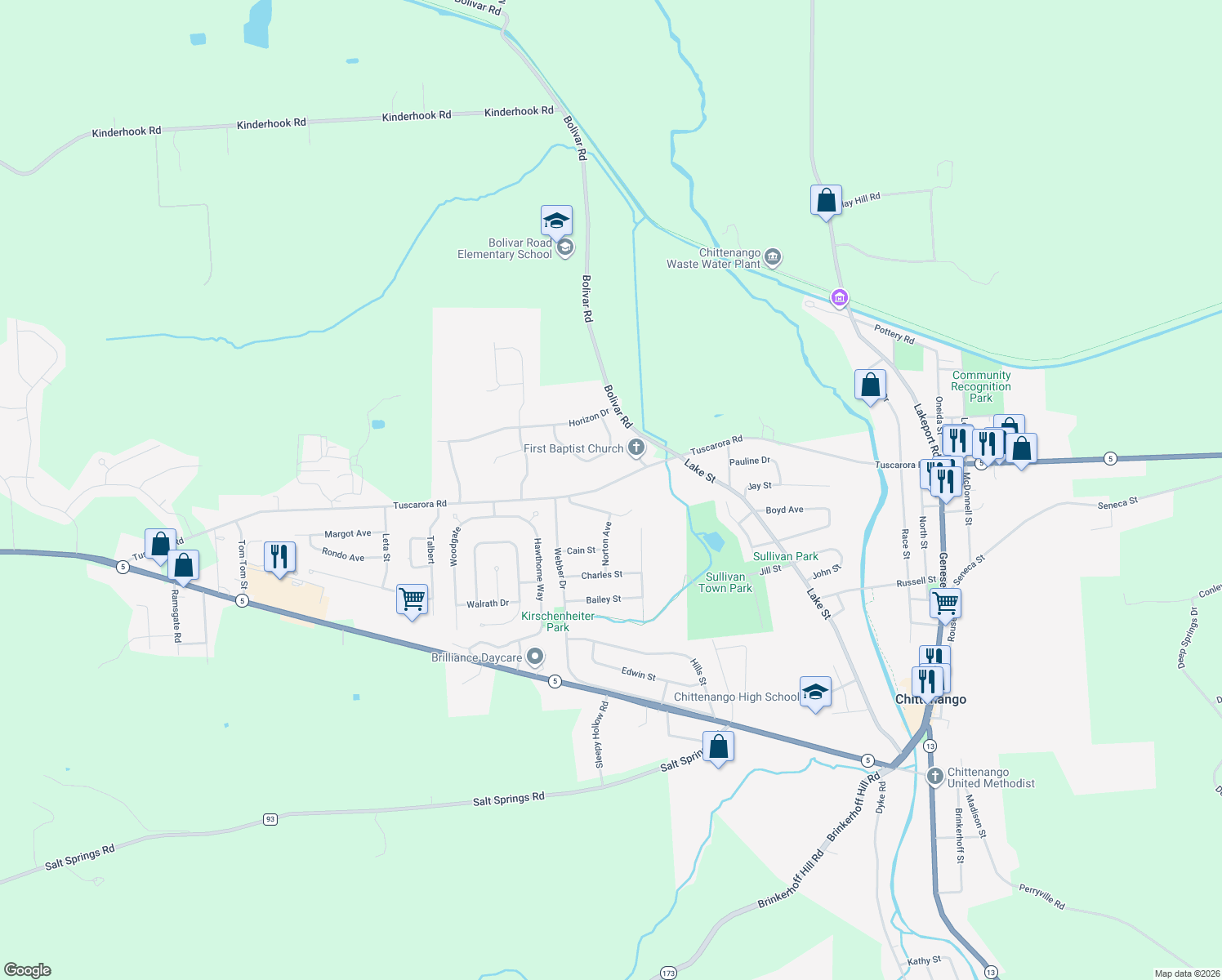 map of restaurants, bars, coffee shops, grocery stores, and more near 525 Tuscarora Rd in Chittenango