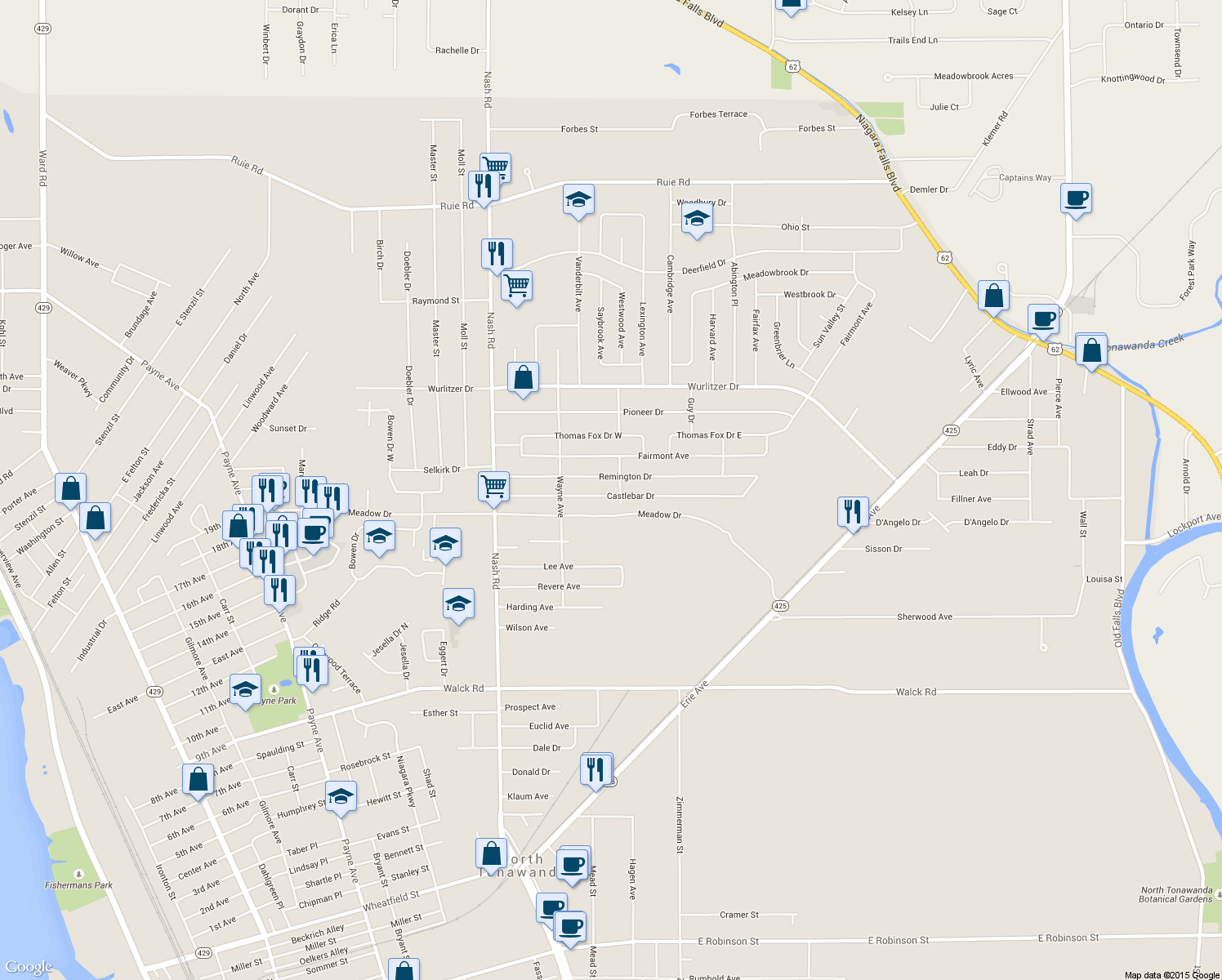 map of restaurants, bars, coffee shops, grocery stores, and more near 880 Castlebar Drive in North Tonawanda