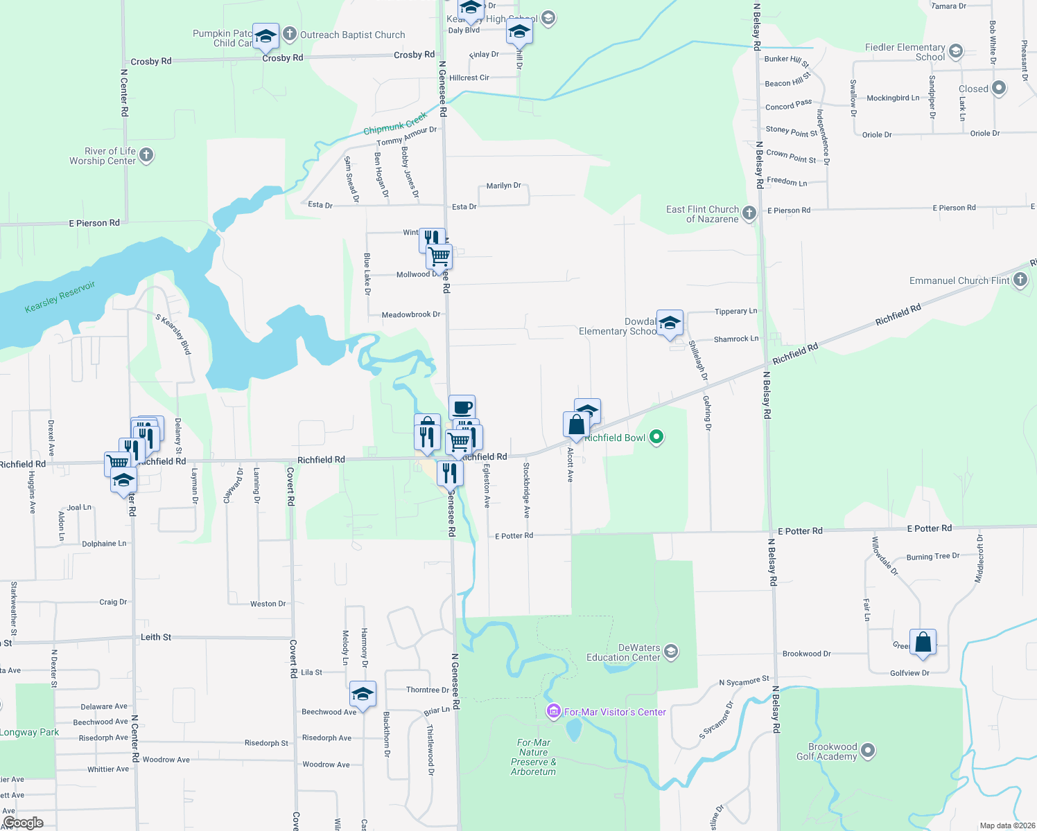 map of restaurants, bars, coffee shops, grocery stores, and more near 5113 Richfield Road in Flint