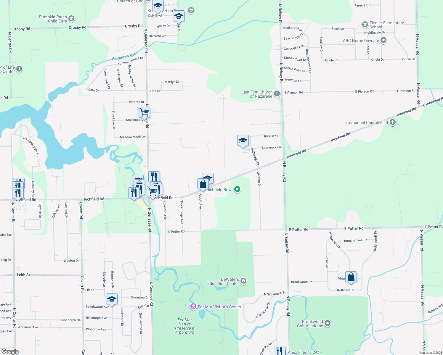 map of restaurants, bars, coffee shops, grocery stores, and more near 5295 Richfield Road in Flint