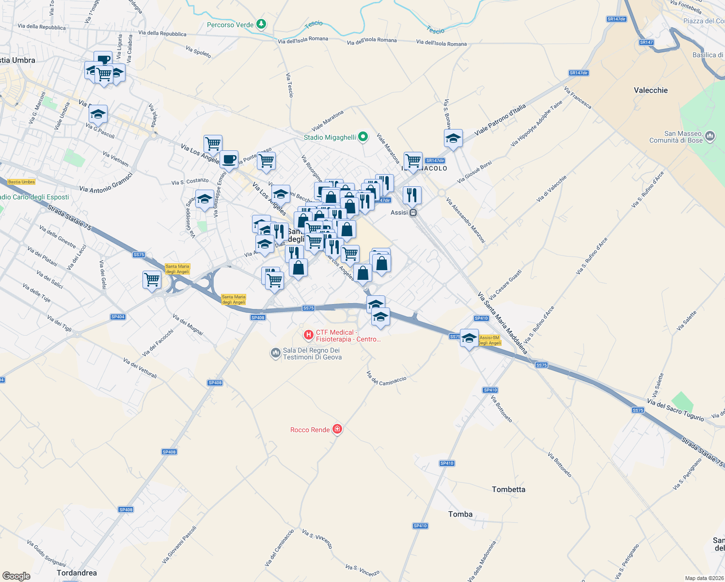 map of restaurants, bars, coffee shops, grocery stores, and more near 1 Via Los Angeles in Santa Maria degli Angeli