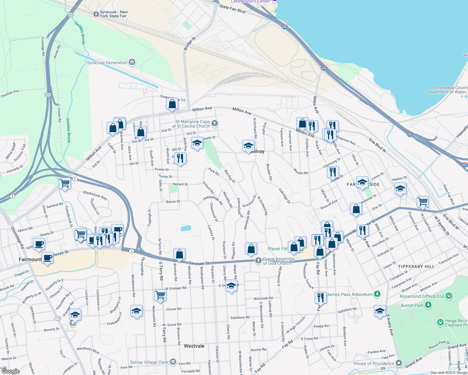 map of restaurants, bars, coffee shops, grocery stores, and more near 107 Piercefield Dr in Syracuse