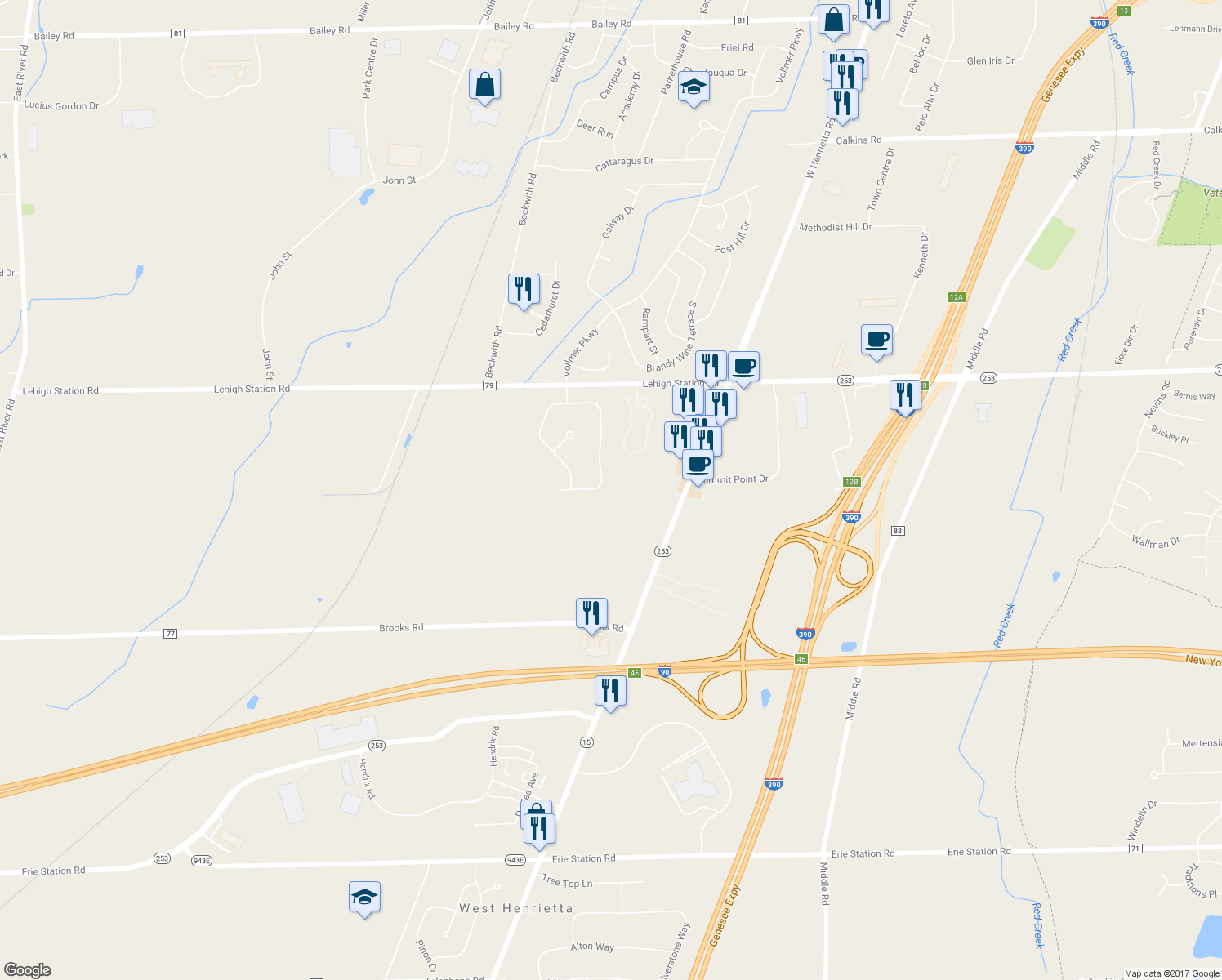 map of restaurants, bars, coffee shops, grocery stores, and more near 162 Chelsea Meadows Drive in West Henrietta