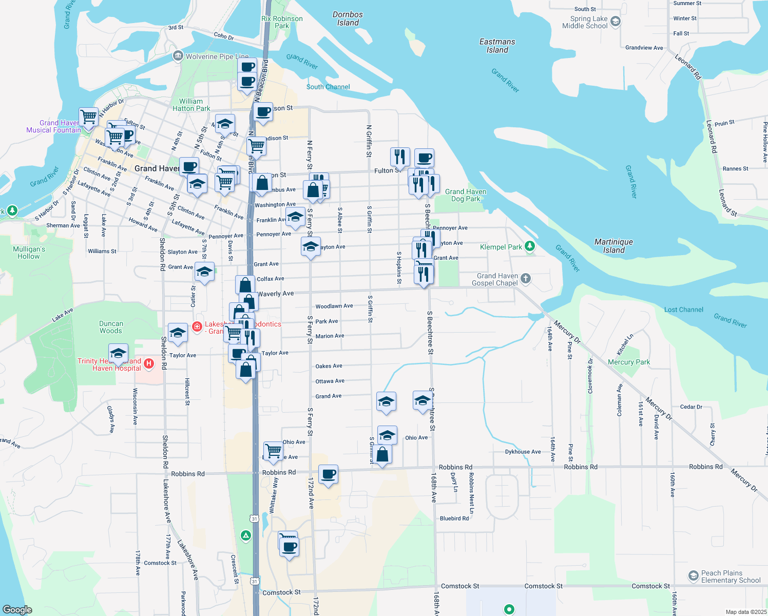 map of restaurants, bars, coffee shops, grocery stores, and more near 1326 Woodlawn Avenue in Grand Haven