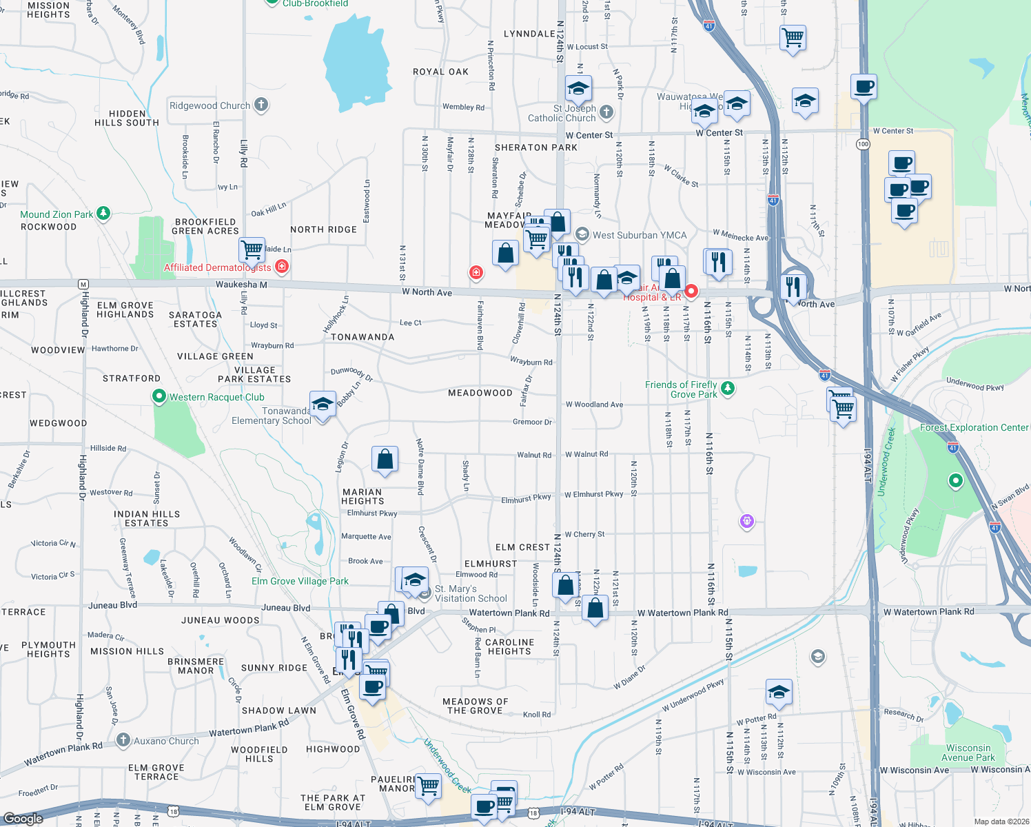map of restaurants, bars, coffee shops, grocery stores, and more near 12600 Gremoor Drive in Elm Grove