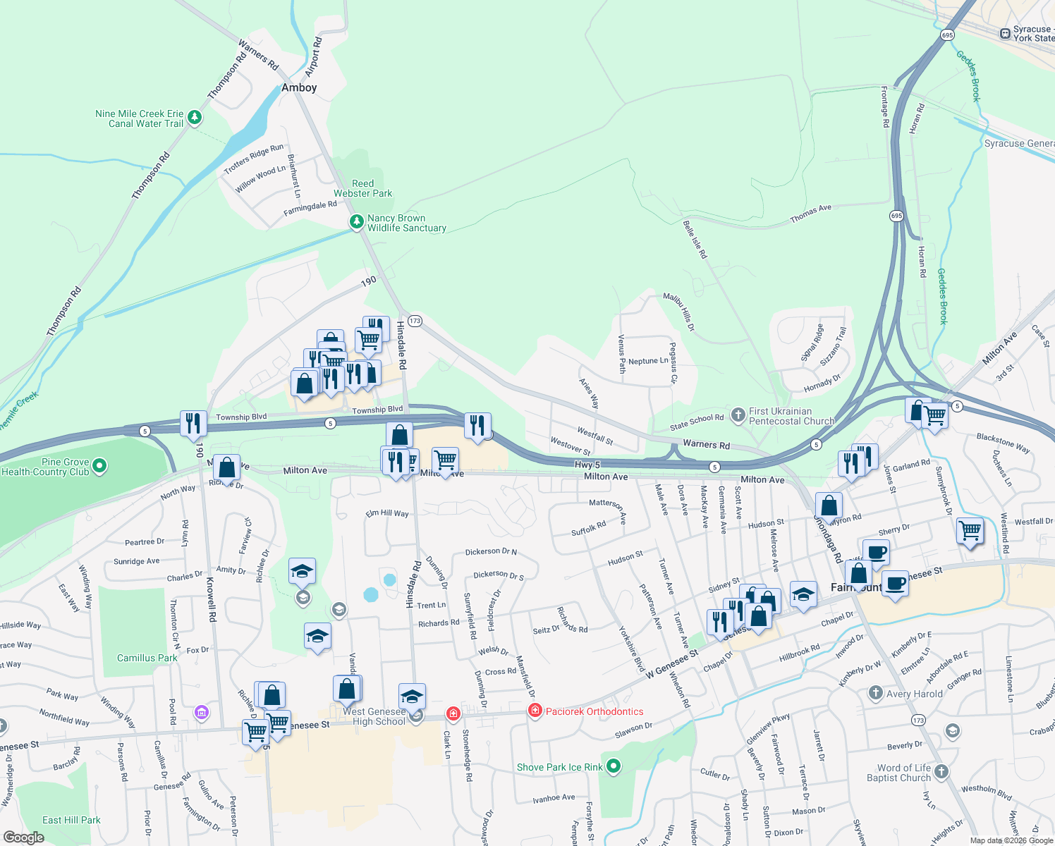 map of restaurants, bars, coffee shops, grocery stores, and more near 314 Westover Street in Syracuse