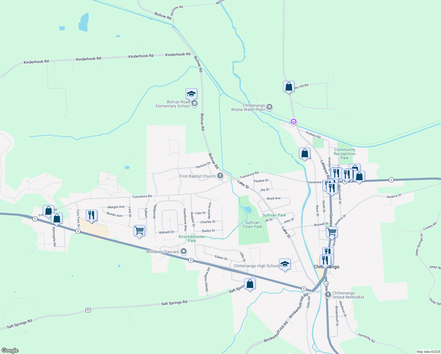 map of restaurants, bars, coffee shops, grocery stores, and more near 520 Tuscarora Rd in Chittenango