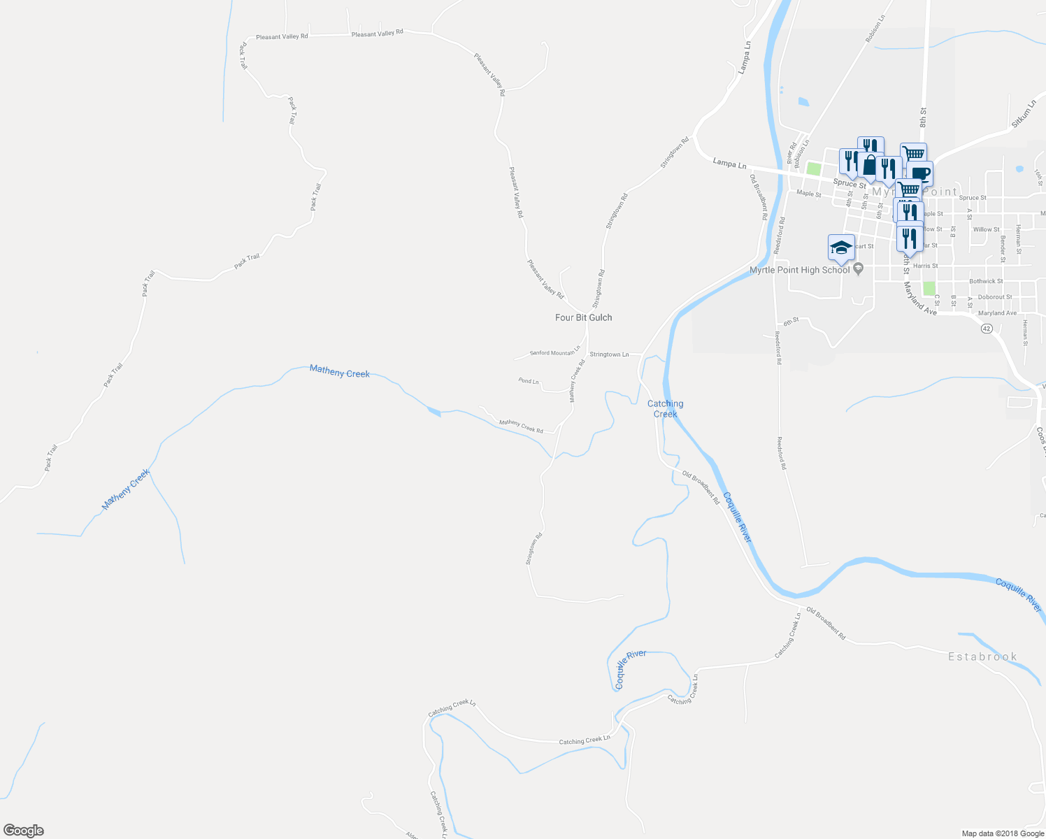 map of restaurants, bars, coffee shops, grocery stores, and more near 94263 Matheny Creek Lane in Myrtle Point