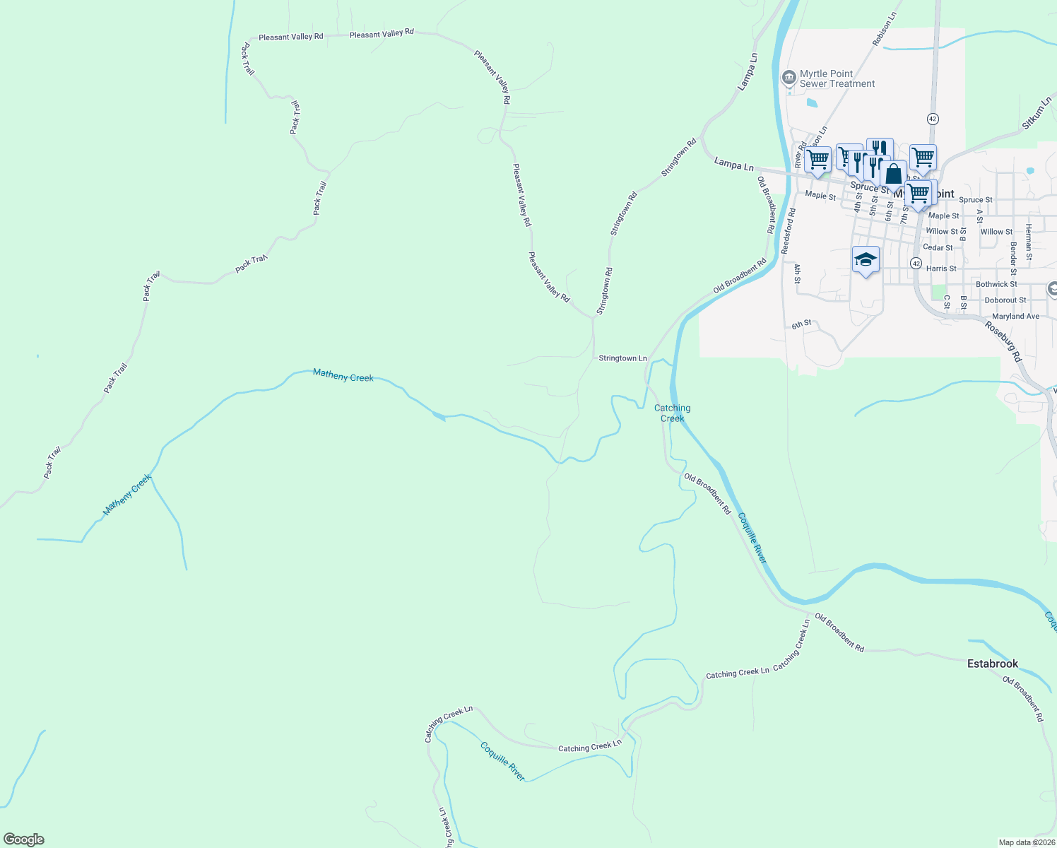map of restaurants, bars, coffee shops, grocery stores, and more near 94263 Matheny Creek Lane in Myrtle Point