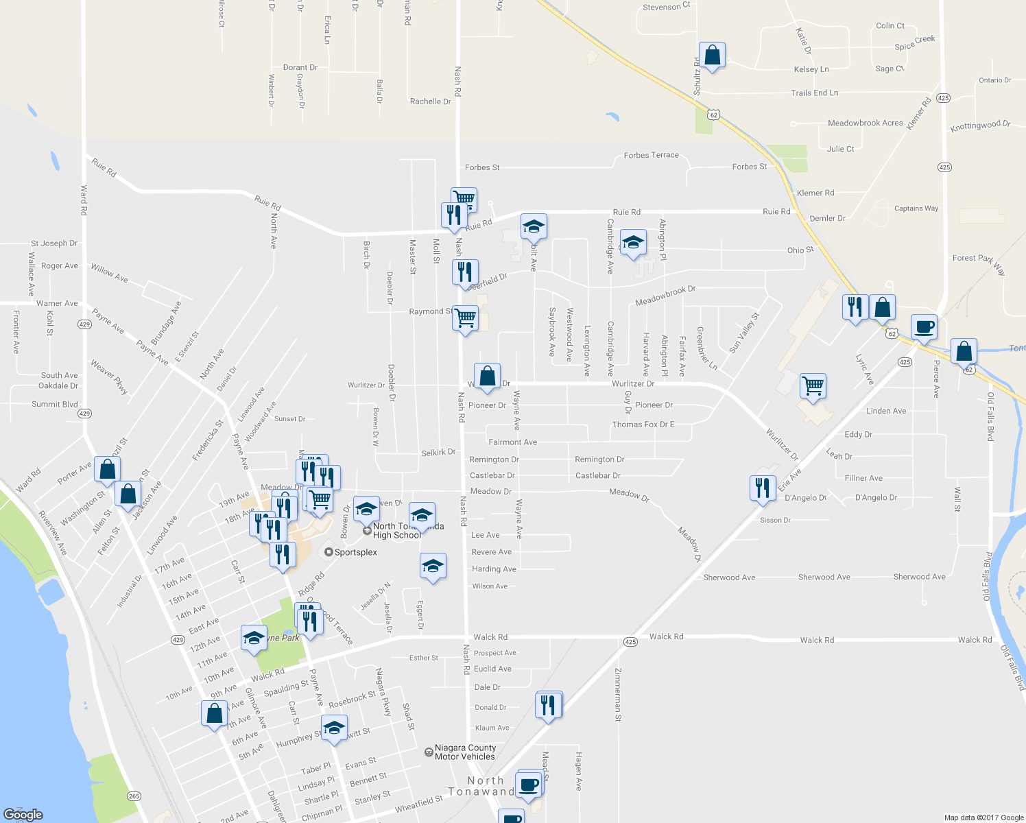 map of restaurants, bars, coffee shops, grocery stores, and more near 801 Pioneer Drive in North Tonawanda