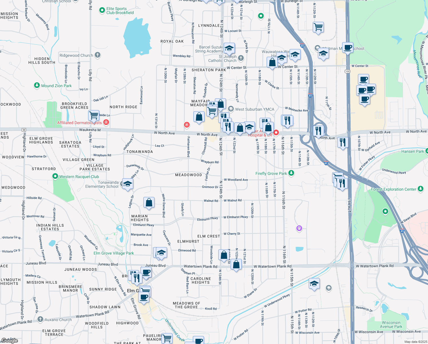 map of restaurants, bars, coffee shops, grocery stores, and more near 12440 Dunwoody Dr in Elm Grove
