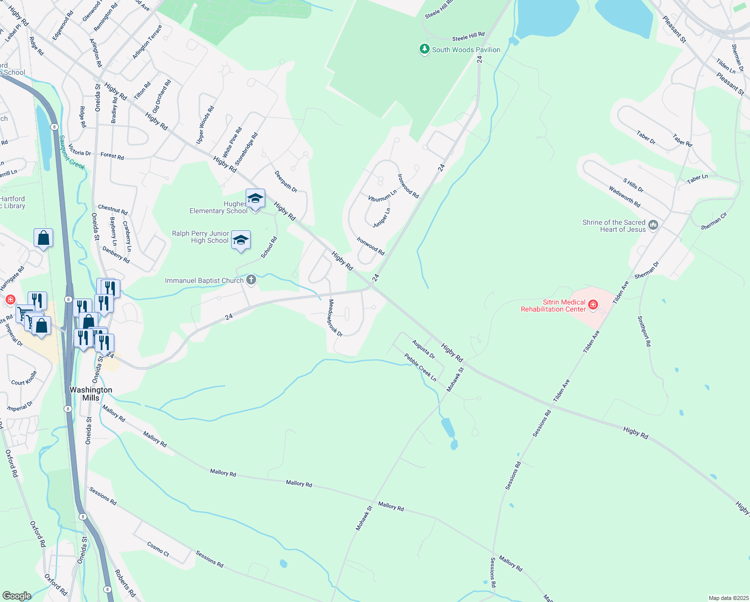 map of restaurants, bars, coffee shops, grocery stores, and more near 10 Westminster Circle in New Hartford