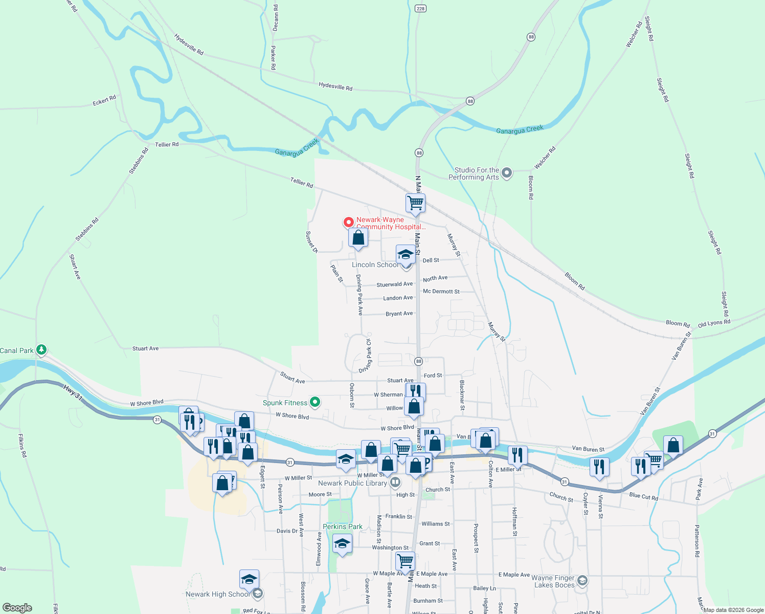 map of restaurants, bars, coffee shops, grocery stores, and more near 151 Bryant Avenue in Newark