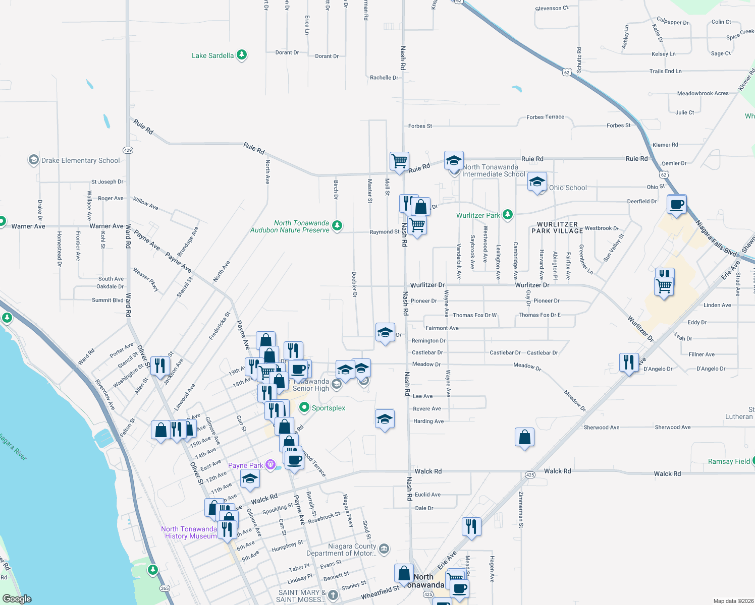 map of restaurants, bars, coffee shops, grocery stores, and more near 1211 Master Street in North Tonawanda