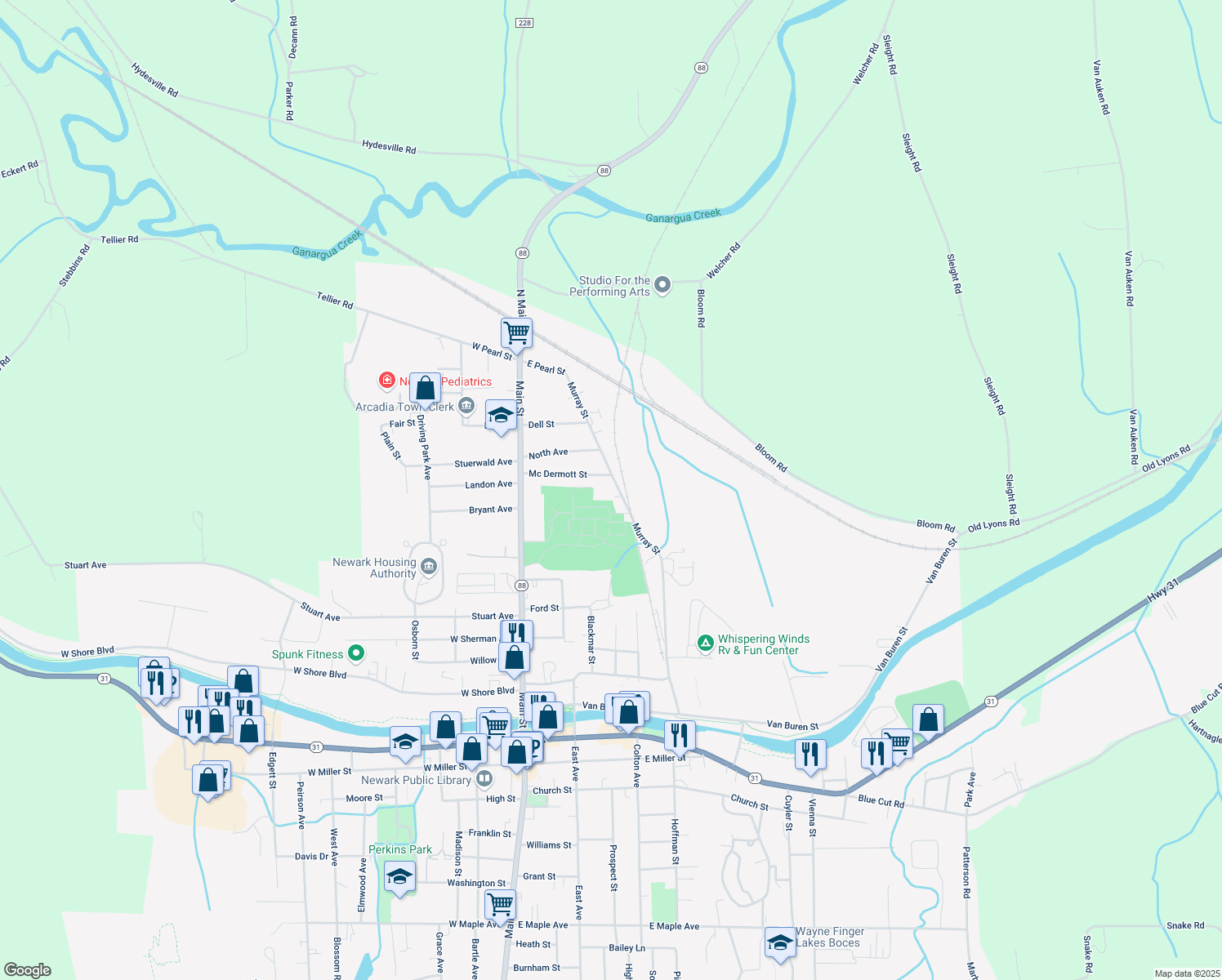 map of restaurants, bars, coffee shops, grocery stores, and more near 348 Murray Street in Newark