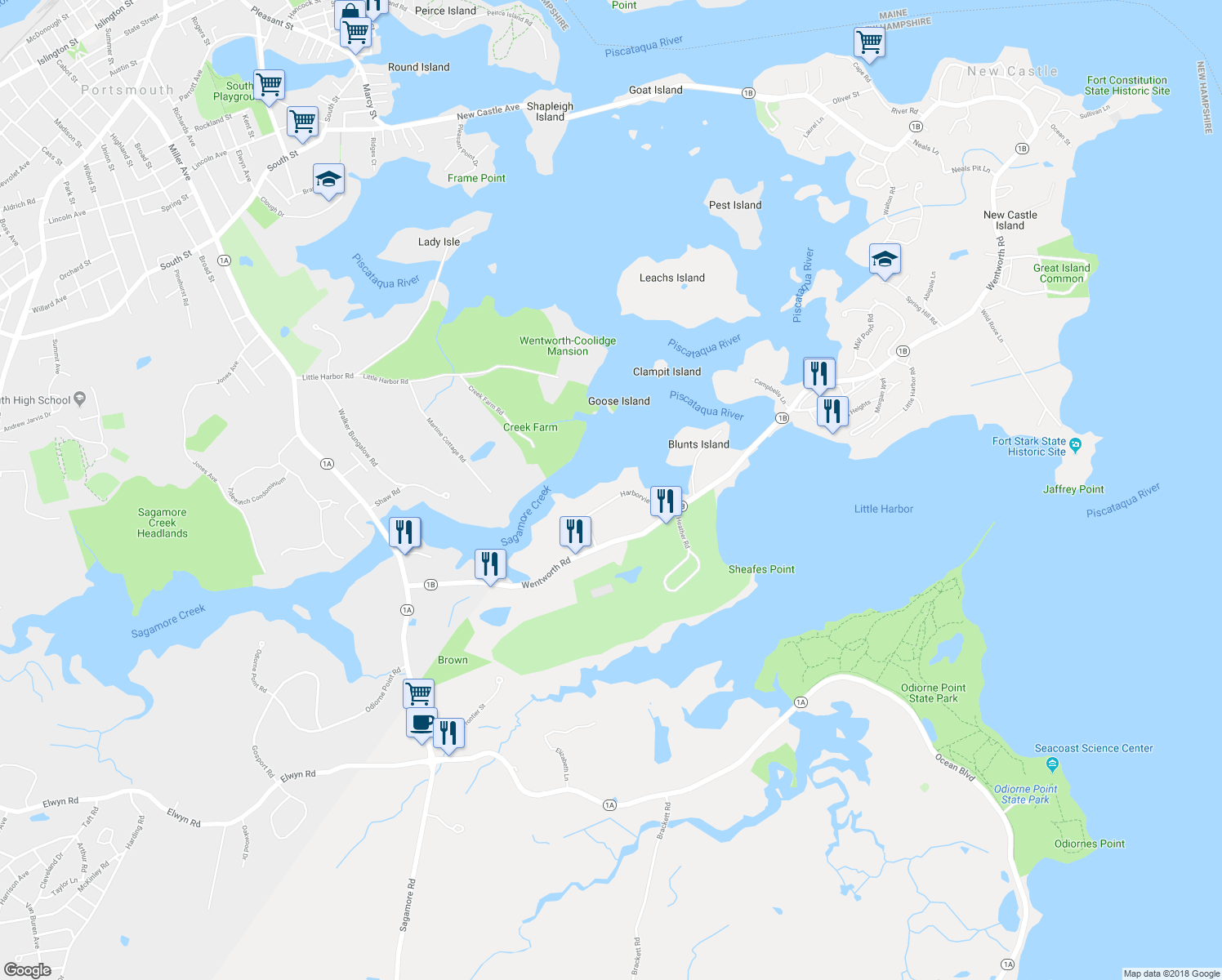 map of restaurants, bars, coffee shops, grocery stores, and more near 35 Harborview Drive in Rye