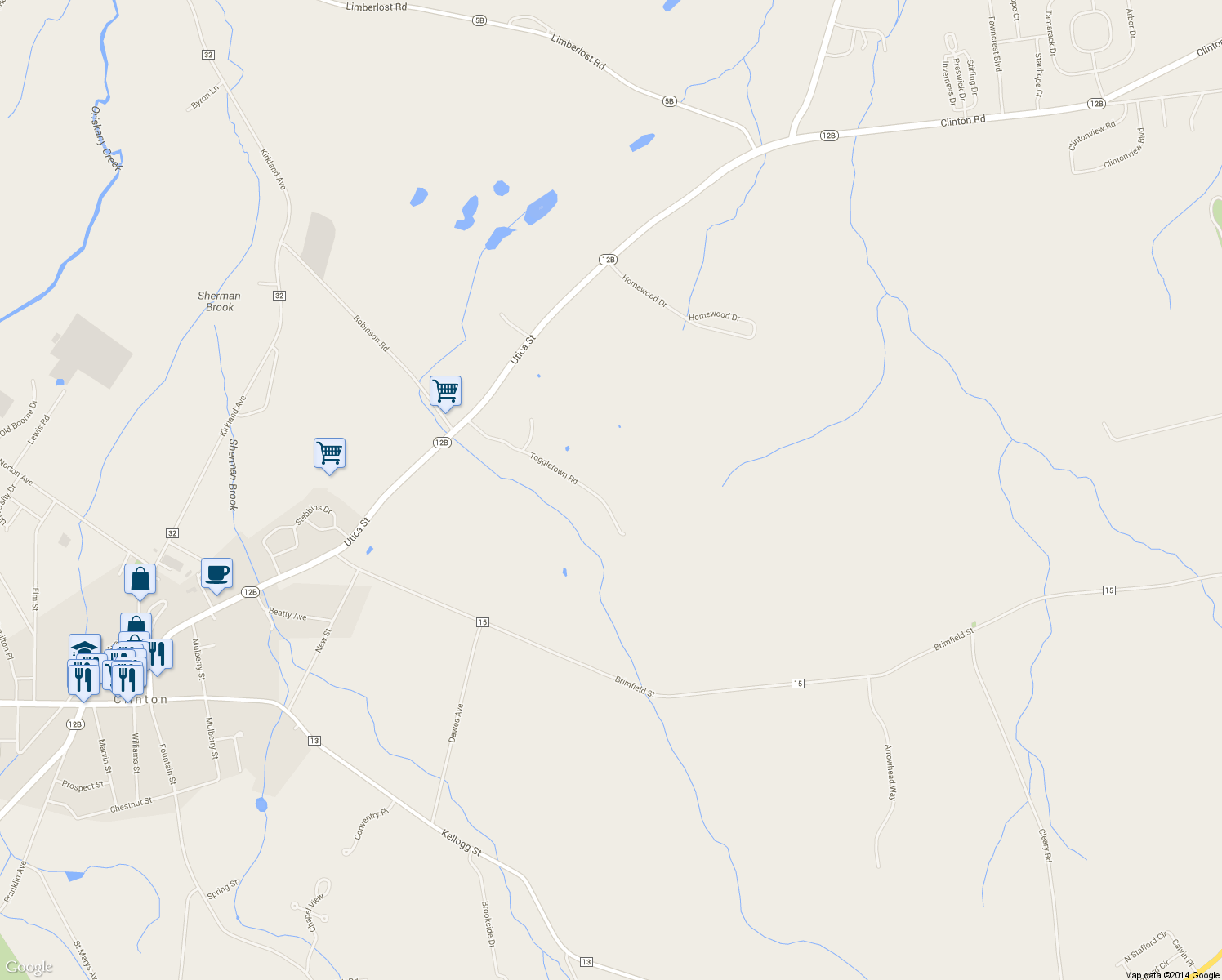 map of restaurants, bars, coffee shops, grocery stores, and more near 21 Toggletown Road in Clinton