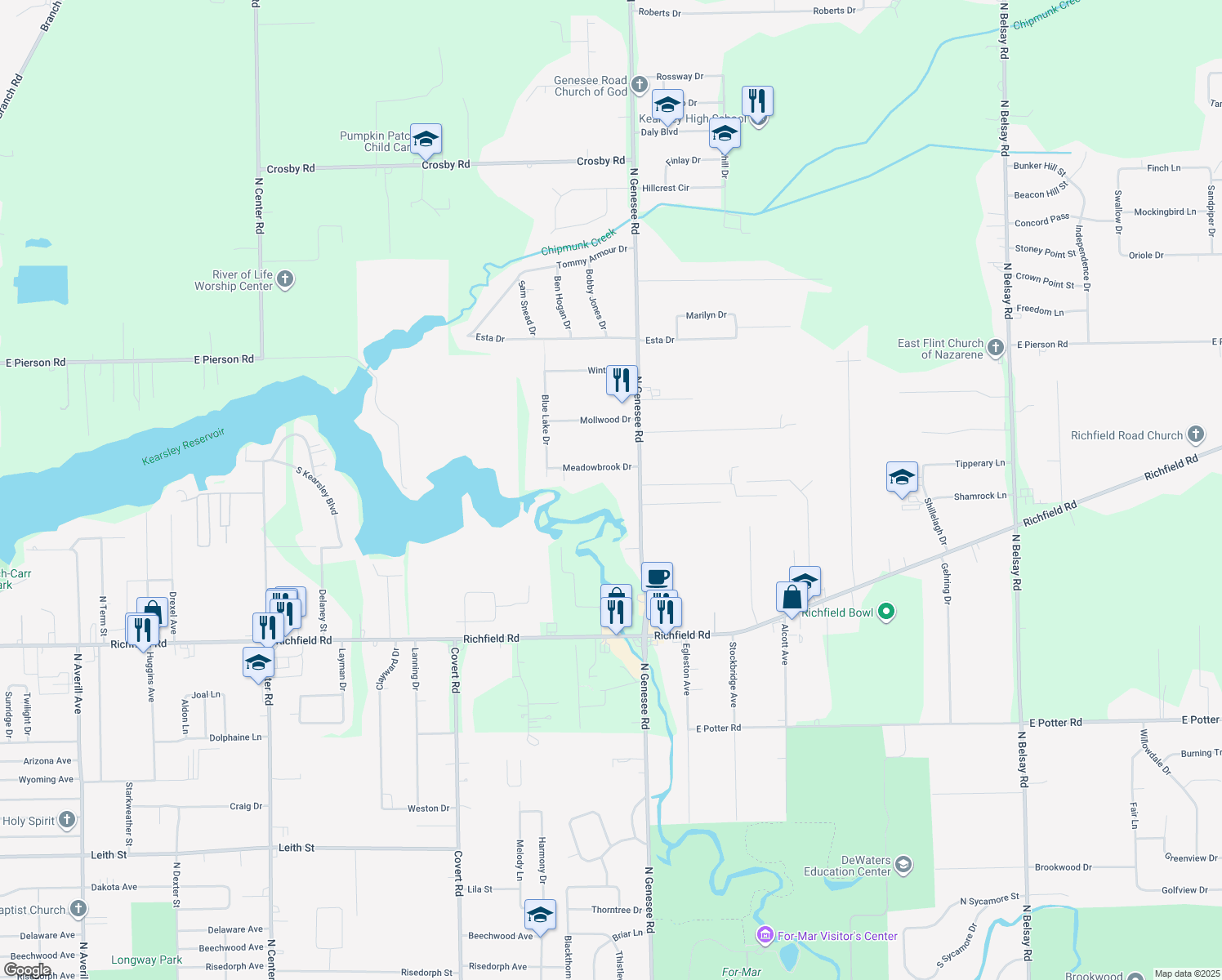 map of restaurants, bars, coffee shops, grocery stores, and more near 4476 Meadowbrook Dr in Flint