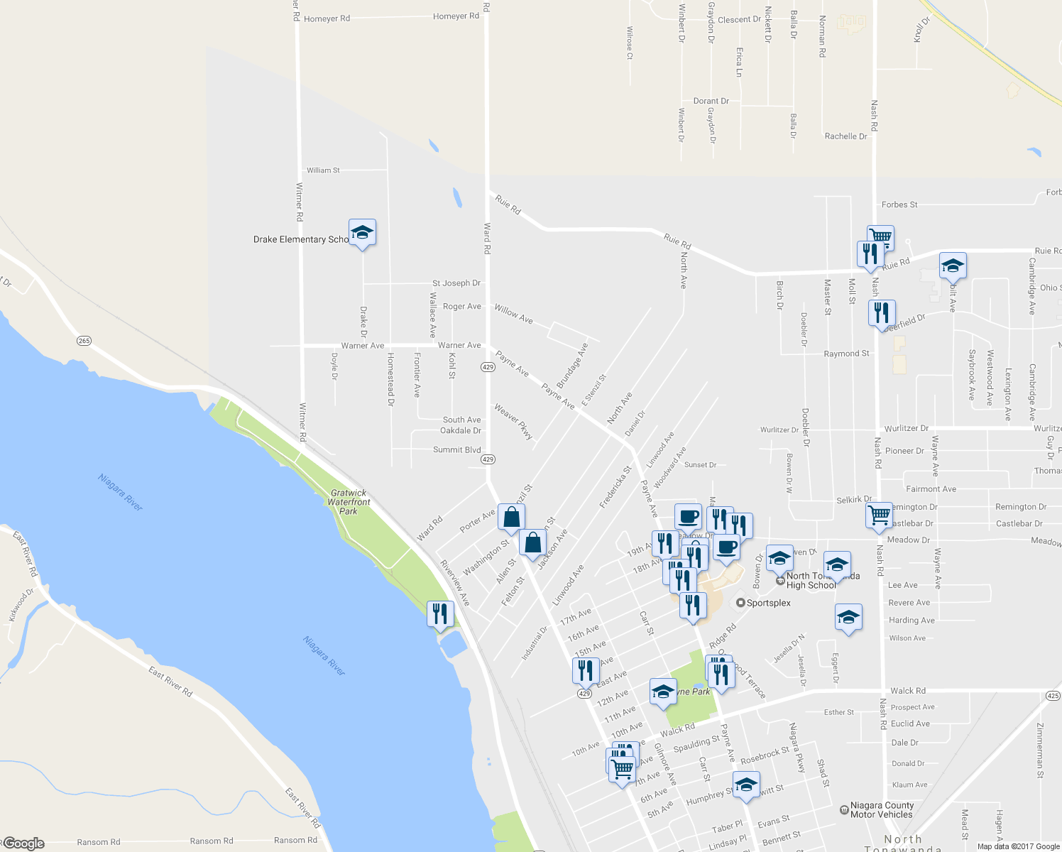 map of restaurants, bars, coffee shops, grocery stores, and more near 1383 Weaver Parkway in North Tonawanda