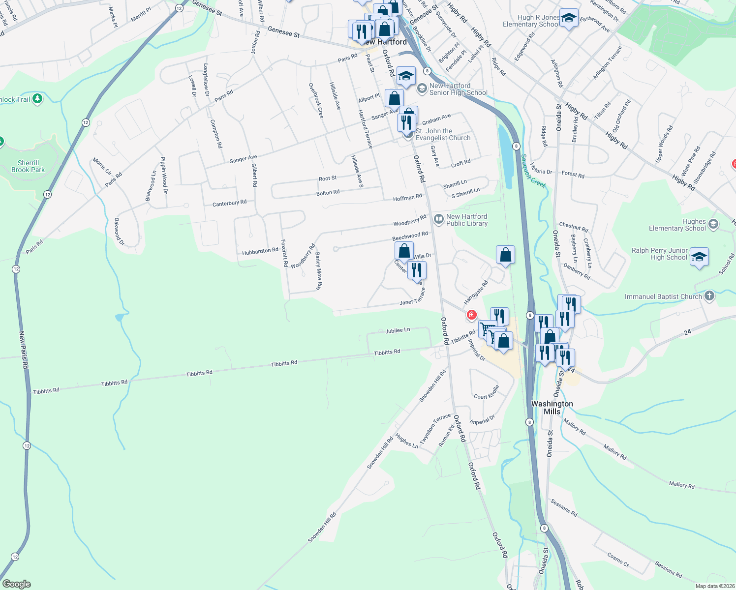 map of restaurants, bars, coffee shops, grocery stores, and more near 46 Wills Dr in New Hartford