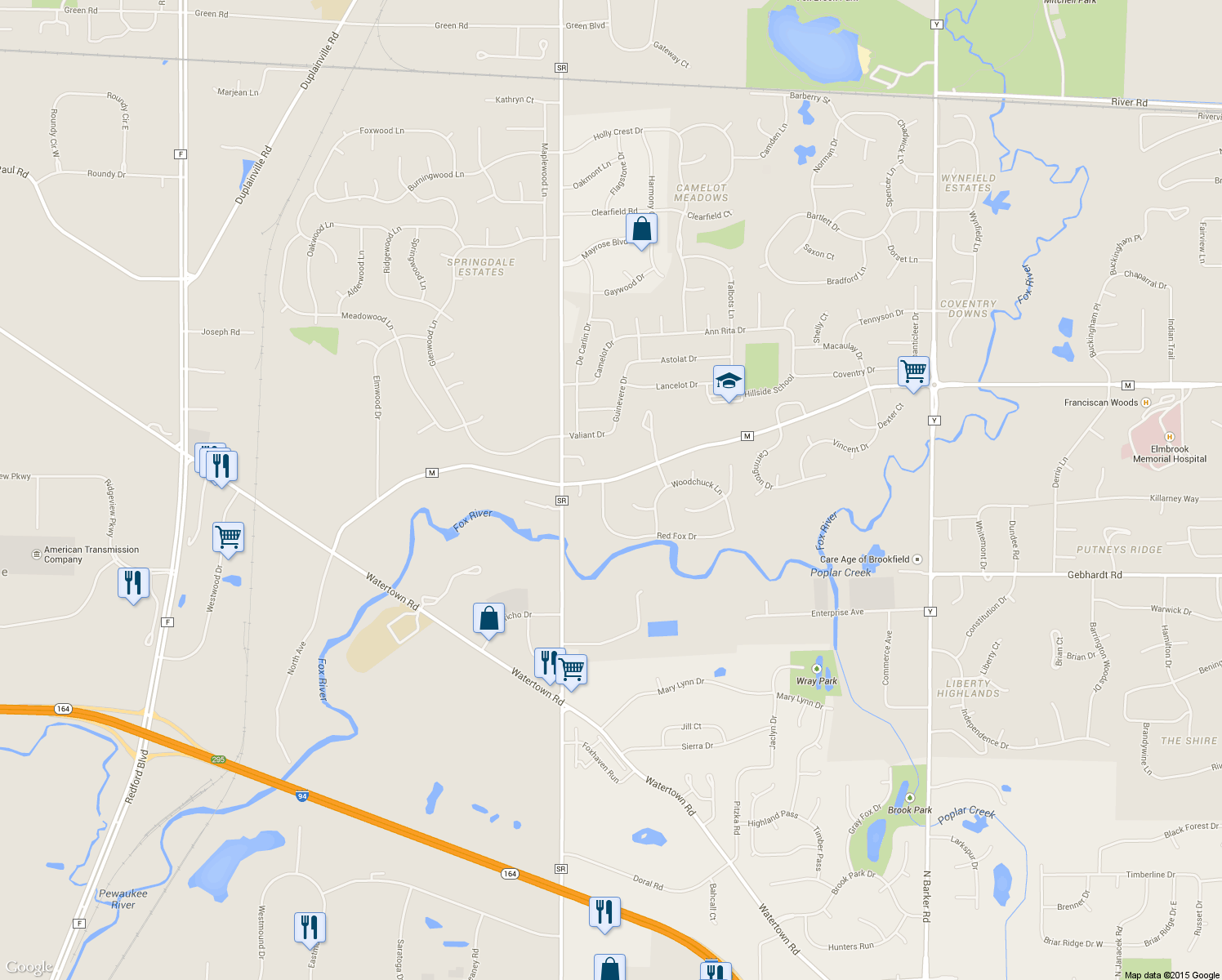 map of restaurants, bars, coffee shops, grocery stores, and more near 2020 Fox Hollow Run in Brookfield