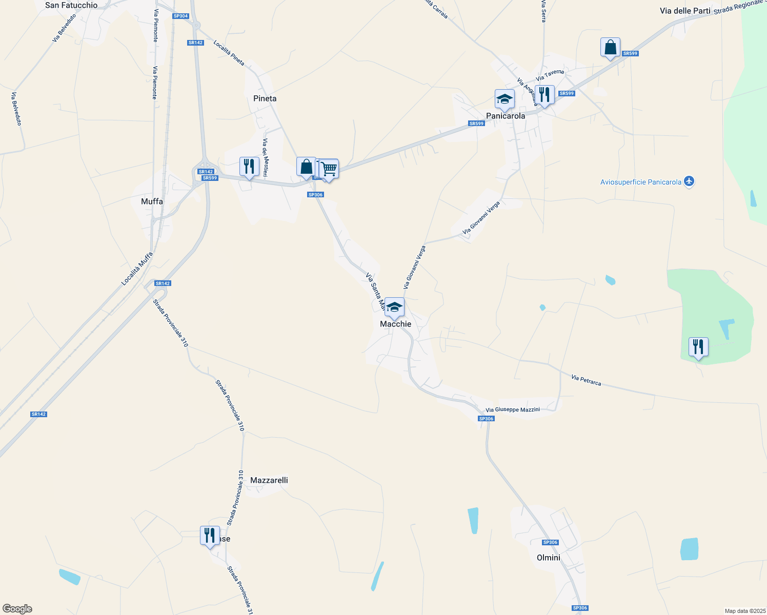 map of restaurants, bars, coffee shops, grocery stores, and more near 88 Via Santa Maria in Provincia di Perugia