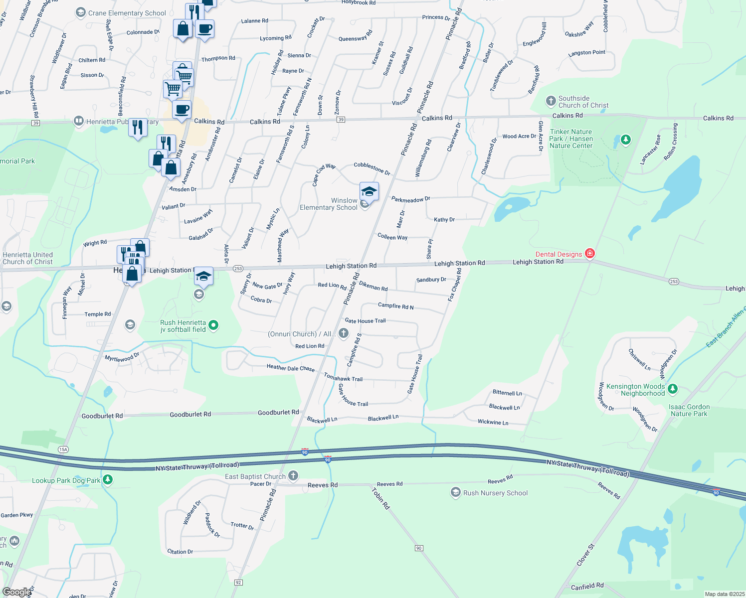 map of restaurants, bars, coffee shops, grocery stores, and more near 48 Campfire Rd N in Henrietta