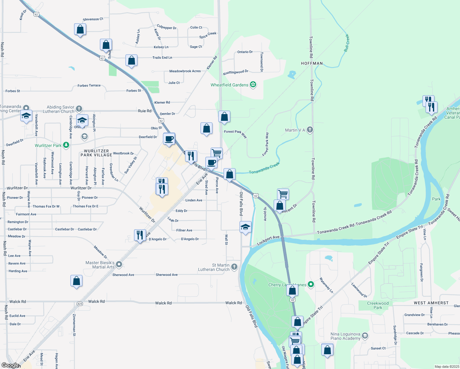 map of restaurants, bars, coffee shops, grocery stores, and more near 672 Niagara Falls Boulevard in North Tonawanda