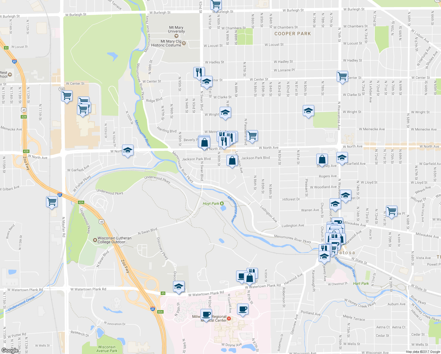 map of restaurants, bars, coffee shops, grocery stores, and more near 2110 N 90th St in Wauwatosa