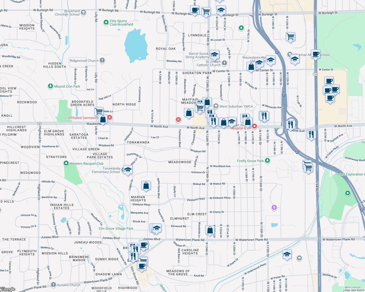 map of restaurants, bars, coffee shops, grocery stores, and more near 2000 Fairhaven Boulevard in Elm Grove