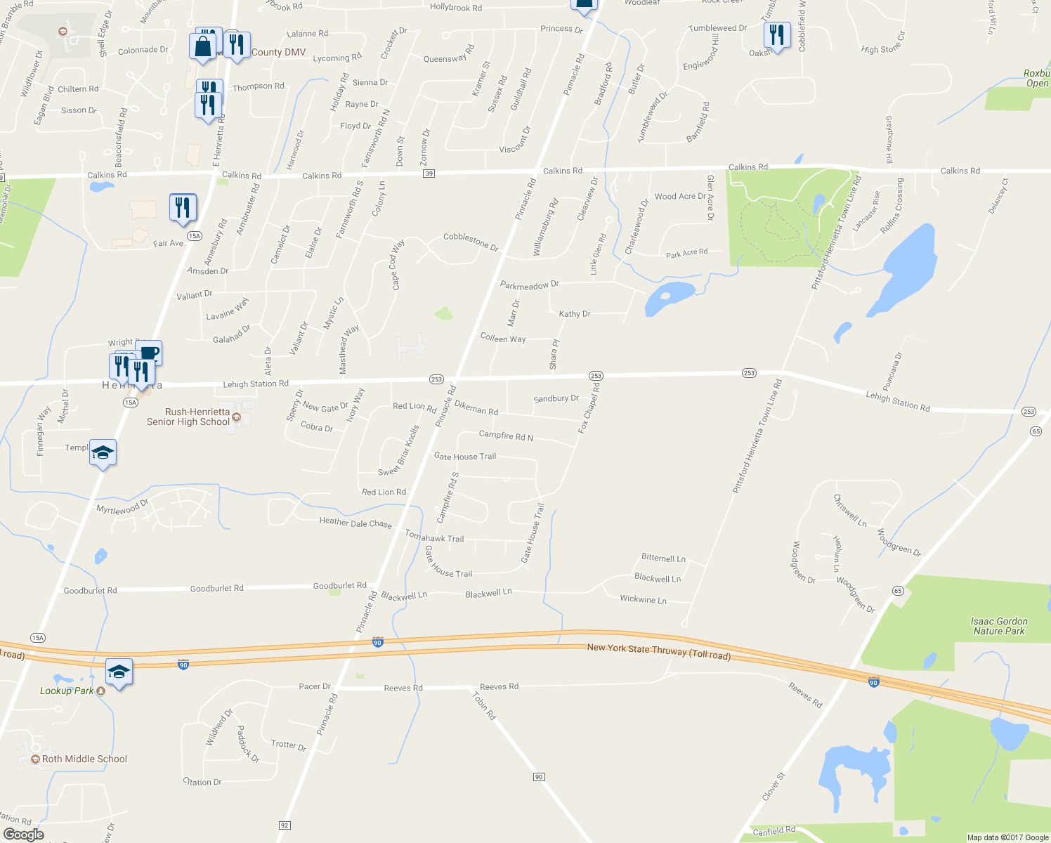 map of restaurants, bars, coffee shops, grocery stores, and more near 93 Dikeman Road in Pittsford