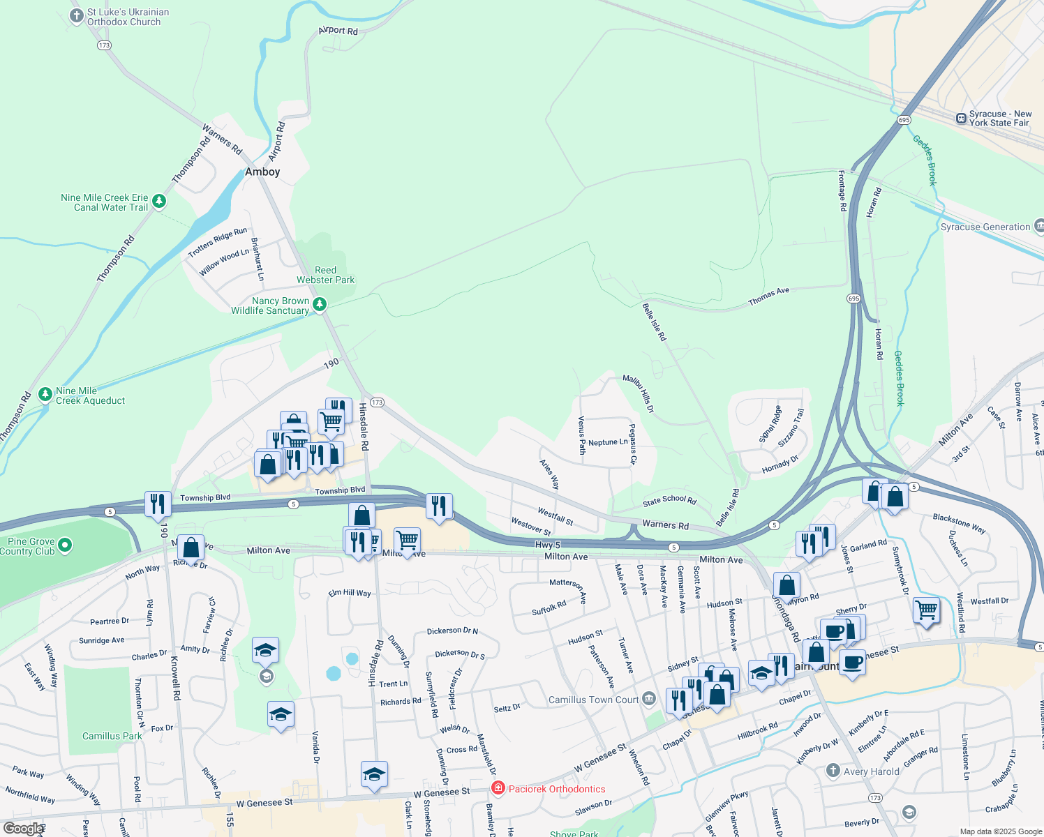 map of restaurants, bars, coffee shops, grocery stores, and more near 3802 Pegasus Circle in Syracuse
