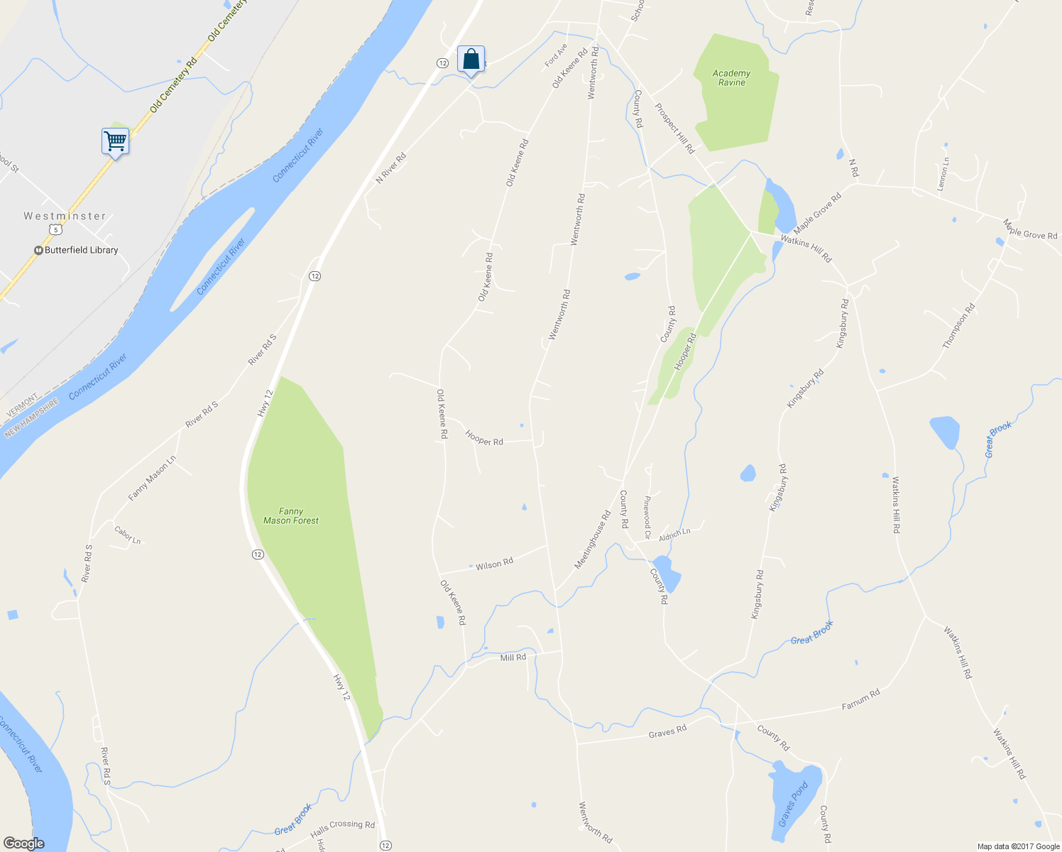 map of restaurants, bars, coffee shops, grocery stores, and more near 289 Wentworth Road in Walpole