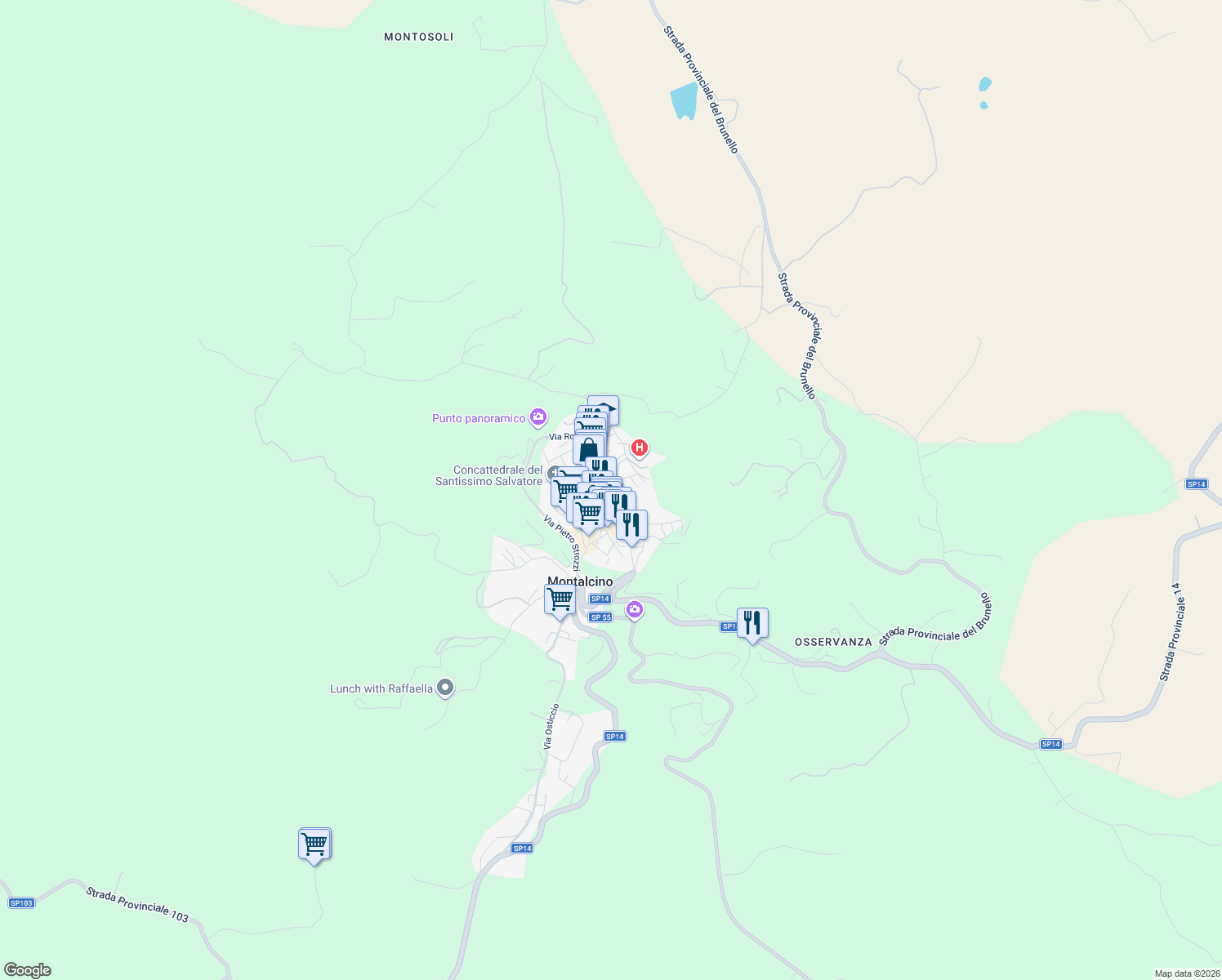 map of restaurants, bars, coffee shops, grocery stores, and more near 2 Piazza del Popolo in Montalcino