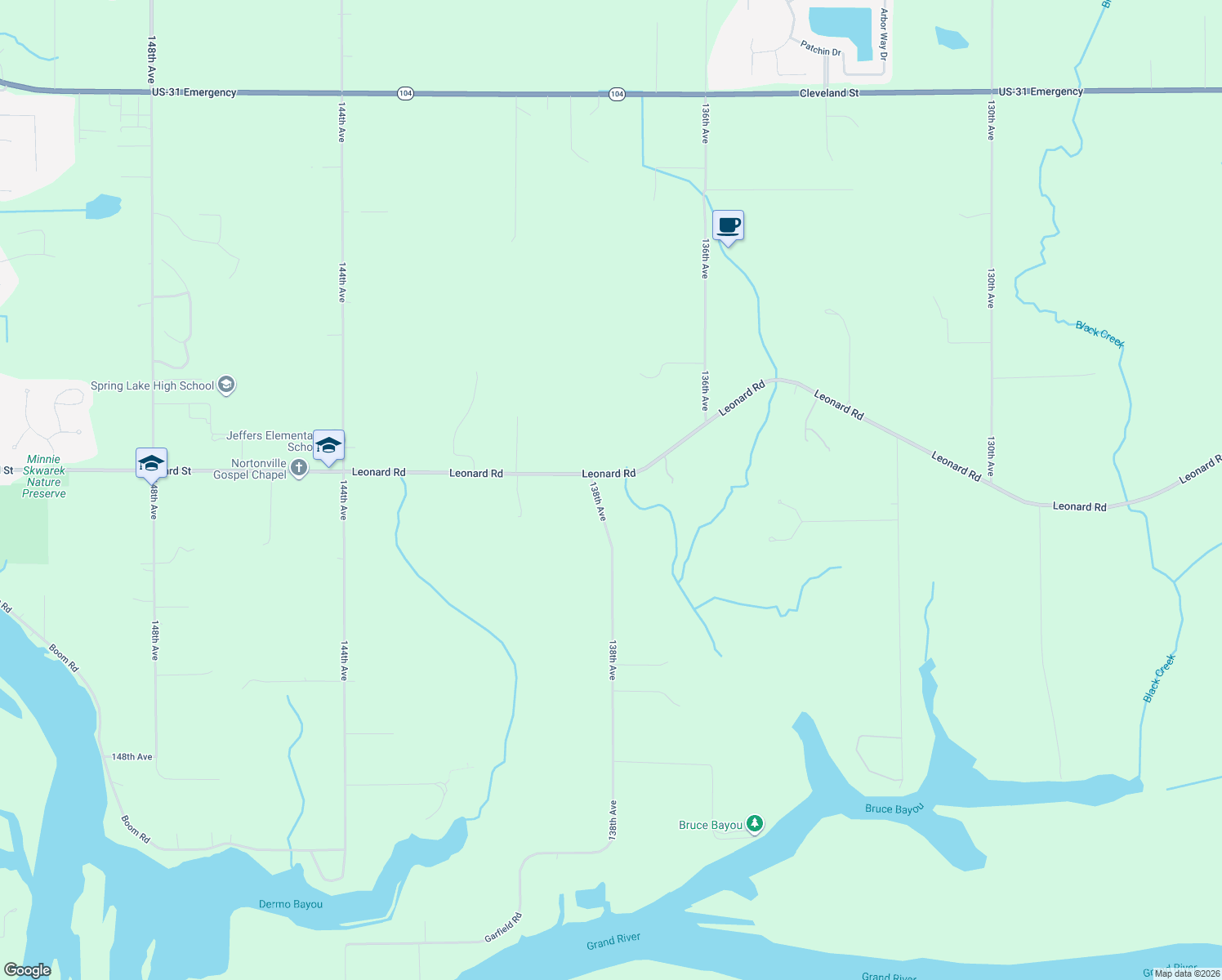 map of restaurants, bars, coffee shops, grocery stores, and more near 13782 Leonard Road in Spring Lake