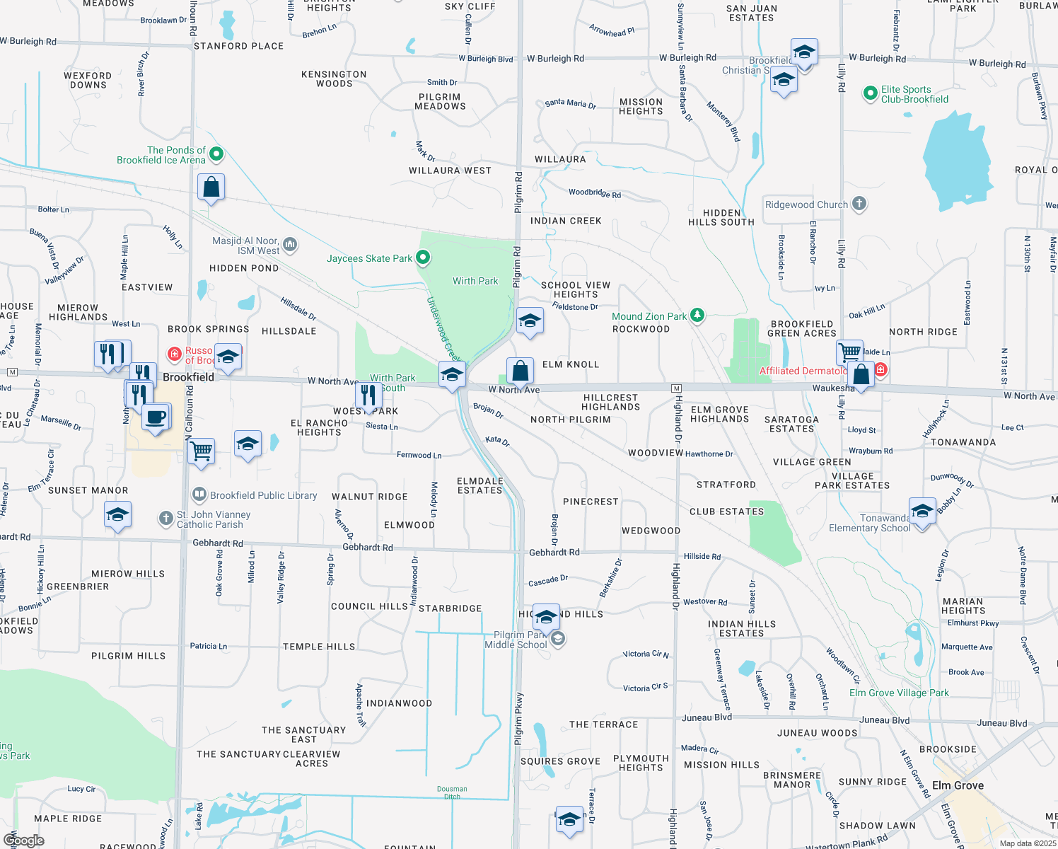 map of restaurants, bars, coffee shops, grocery stores, and more near 15370 Brojan Drive in Elm Grove