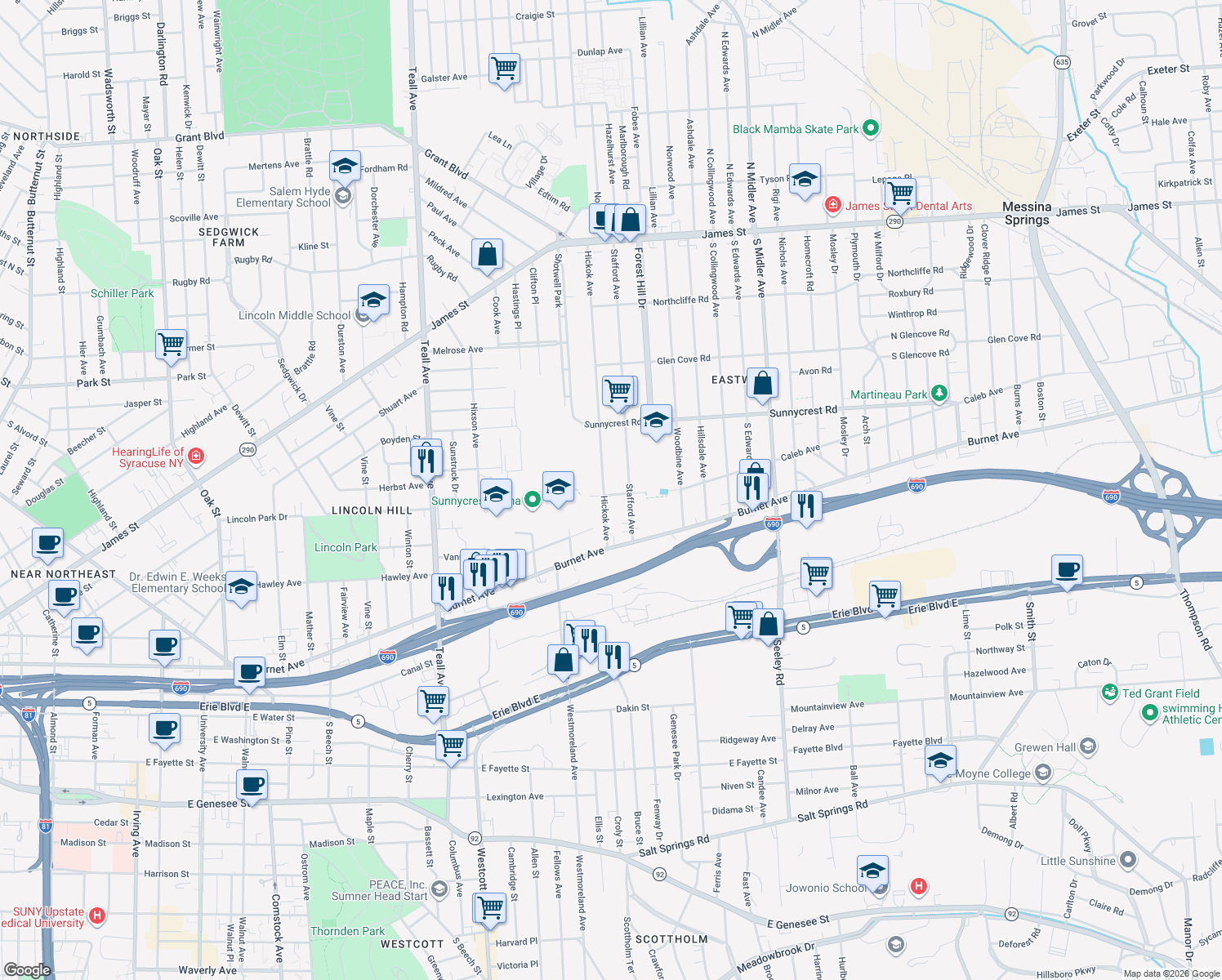 map of restaurants, bars, coffee shops, grocery stores, and more near 201 Caleb Avenue in Syracuse